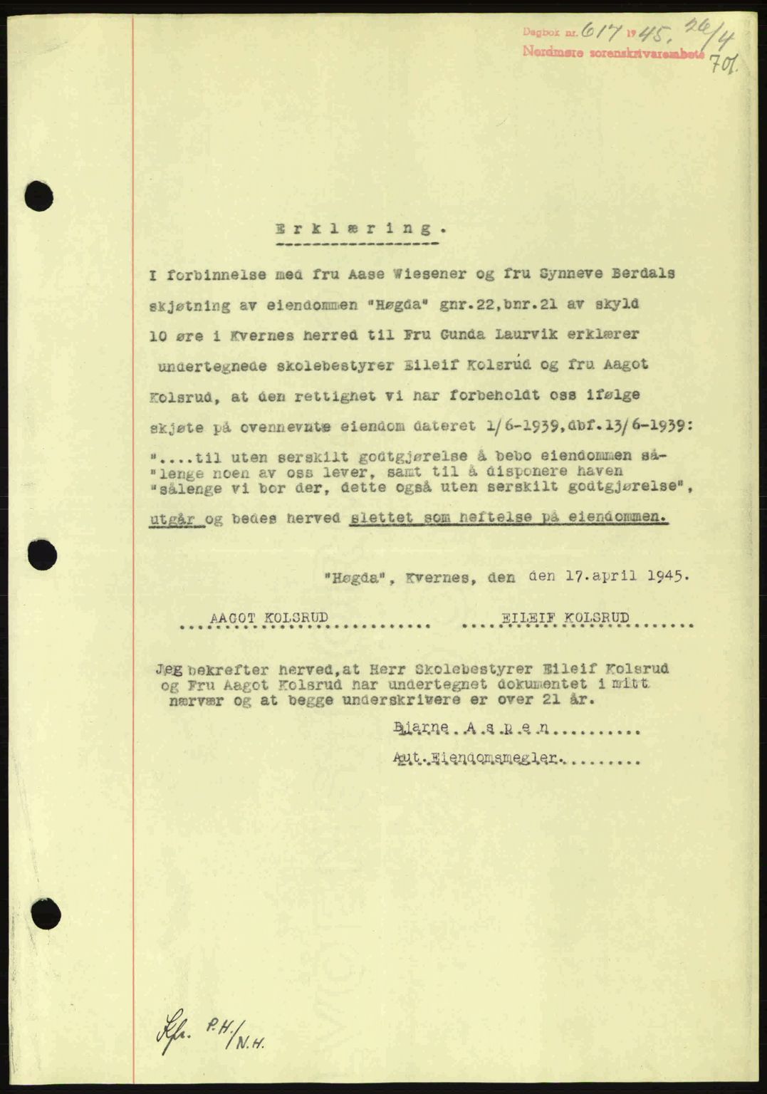 Nordmøre sorenskriveri, AV/SAT-A-4132/1/2/2Ca: Mortgage book no. B92, 1944-1945, Diary no: : 617/1945