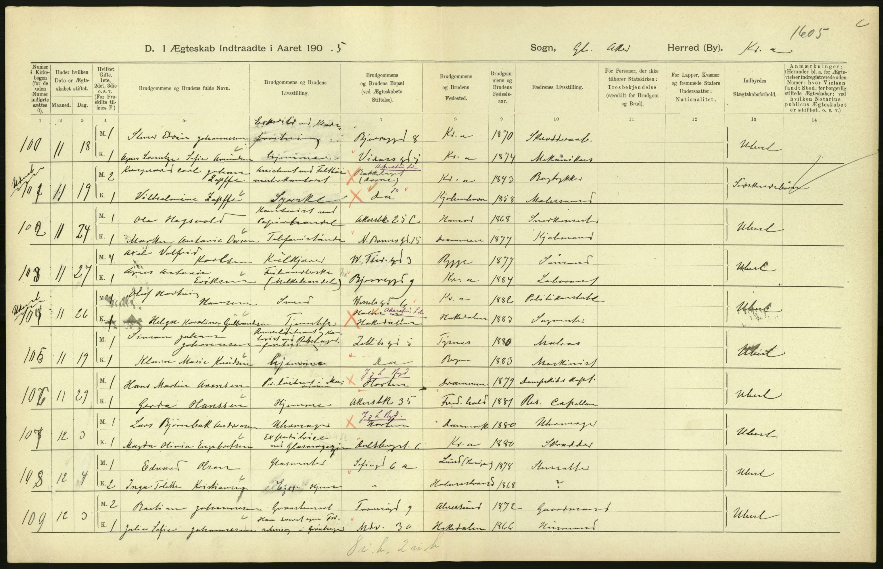 Statistisk sentralbyrå, Sosiodemografiske emner, Befolkning, AV/RA-S-2228/D/Df/Dfa/Dfac/L0007b: Kristiania: Gifte, 1905, p. 30