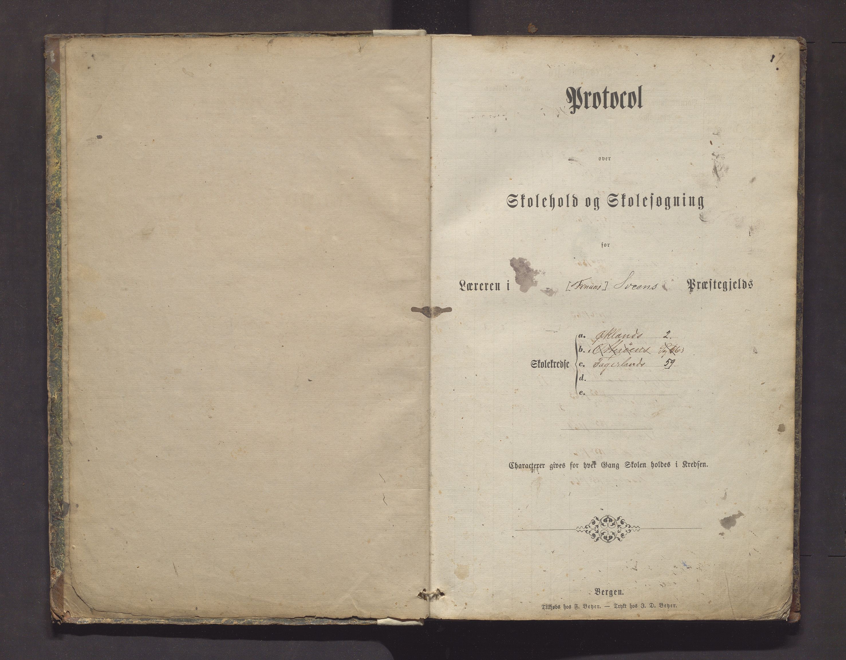 Valestrand kommune. Barneskulane, IKAH/1217-231/F/Fa/L0002: Skuleprotokoll for Økland, Otterøen, Fagerland og Vestvik krinsar i Finnås prestegjeld, 1869-1896, p. 1