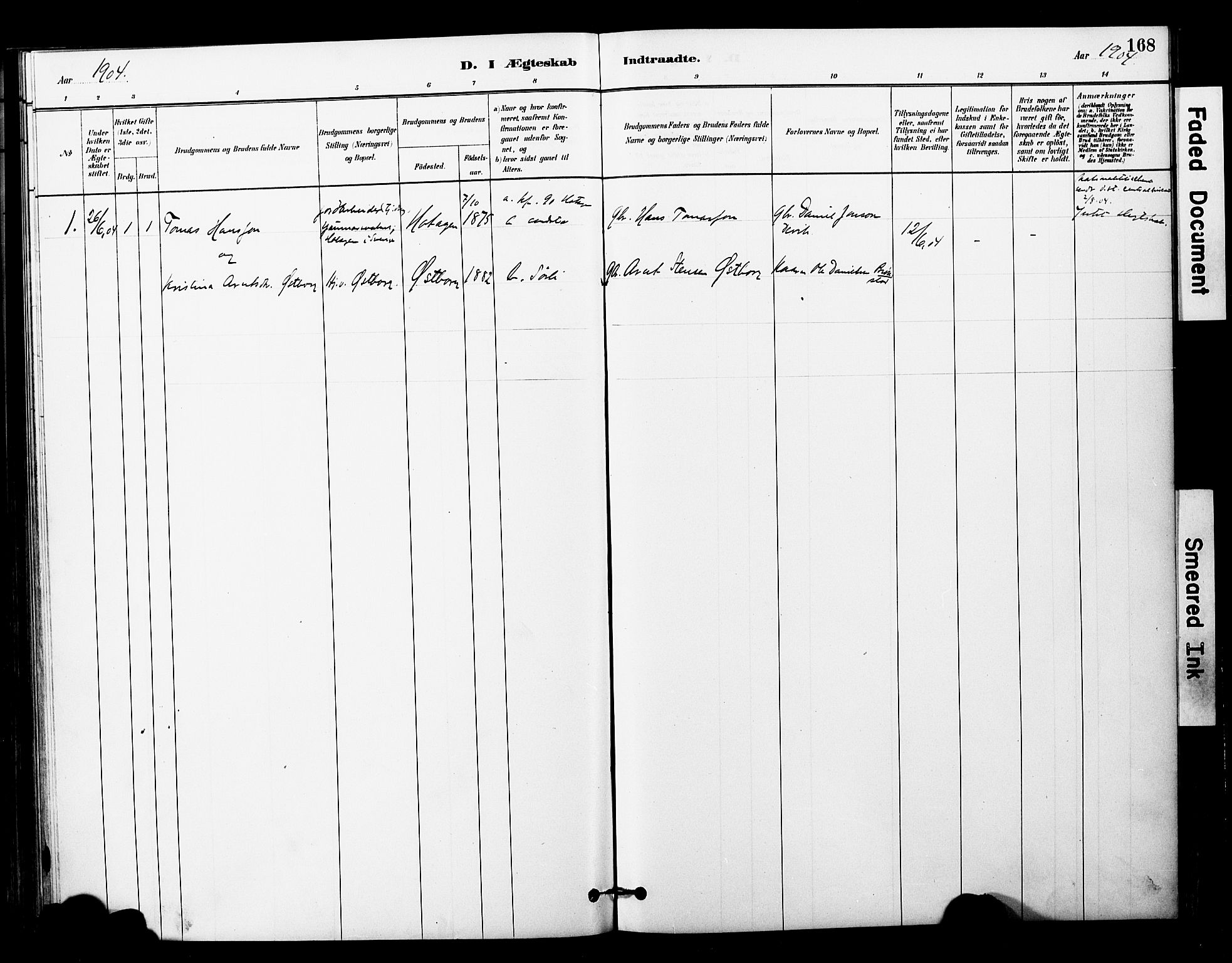 Ministerialprotokoller, klokkerbøker og fødselsregistre - Nord-Trøndelag, AV/SAT-A-1458/757/L0505: Parish register (official) no. 757A01, 1882-1904, p. 168