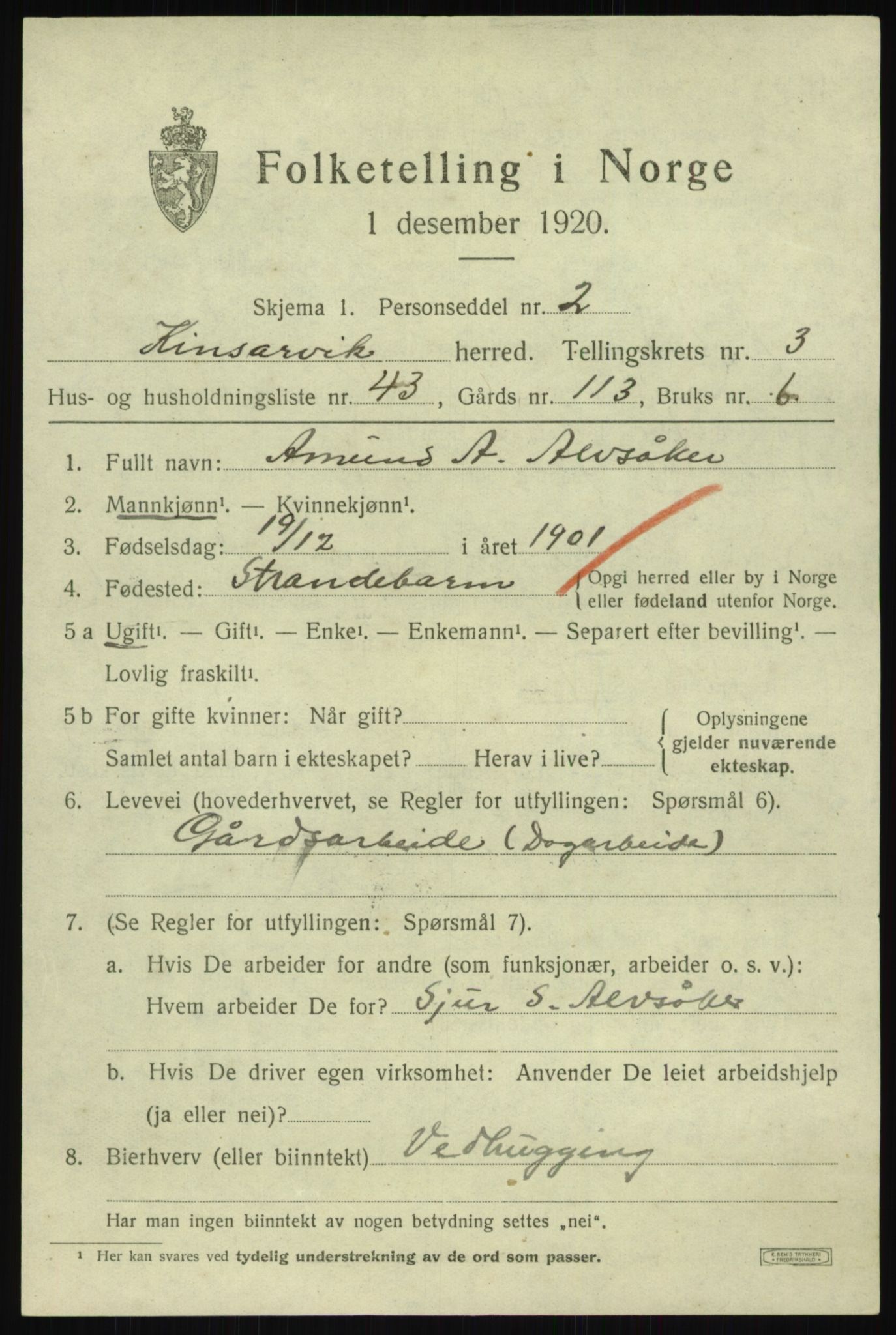 SAB, 1920 census for Kinsarvik, 1920, p. 2376