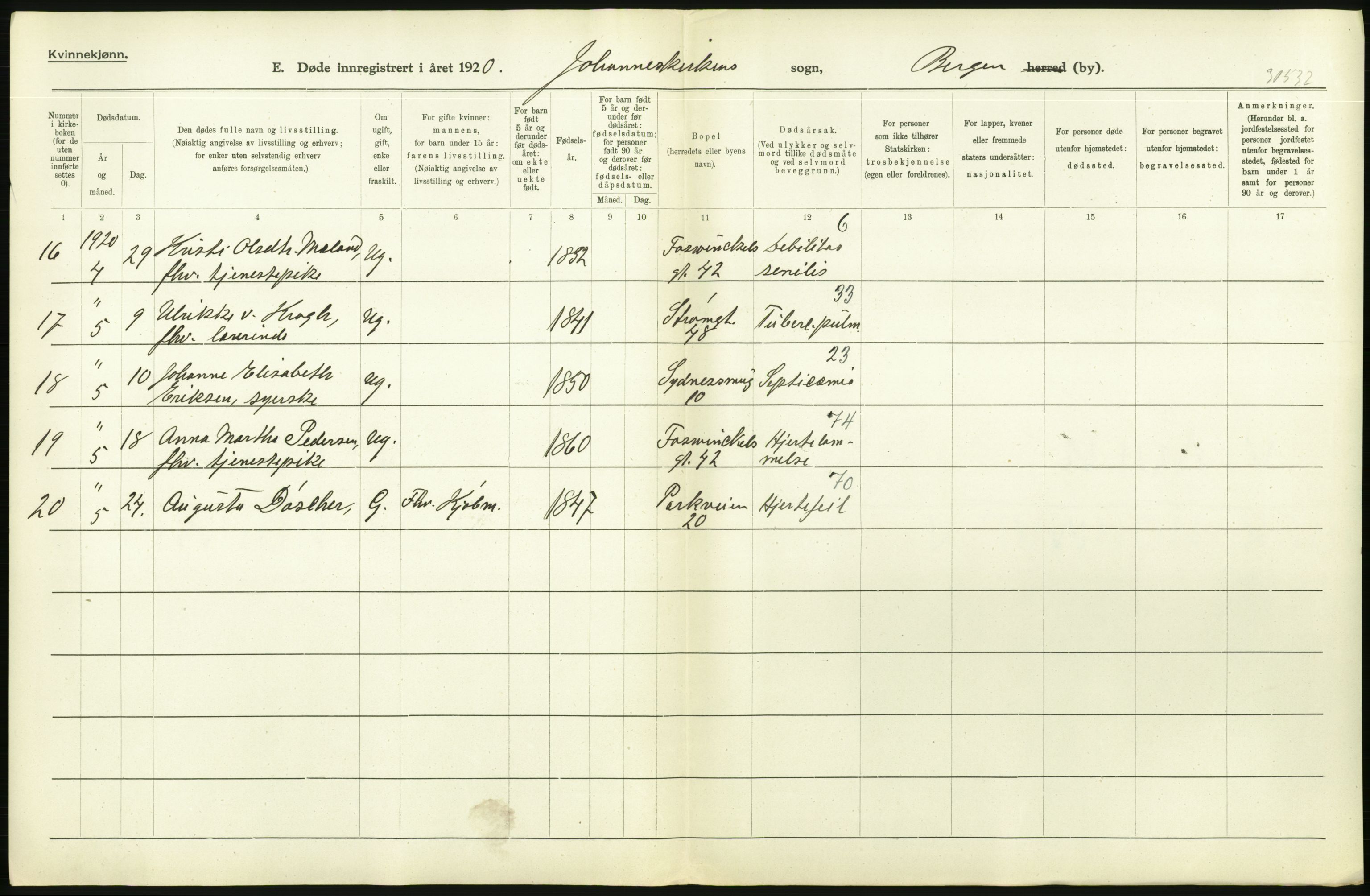 Statistisk sentralbyrå, Sosiodemografiske emner, Befolkning, AV/RA-S-2228/D/Df/Dfb/Dfbj/L0042: Bergen: Gifte, døde, dødfødte., 1920, p. 606