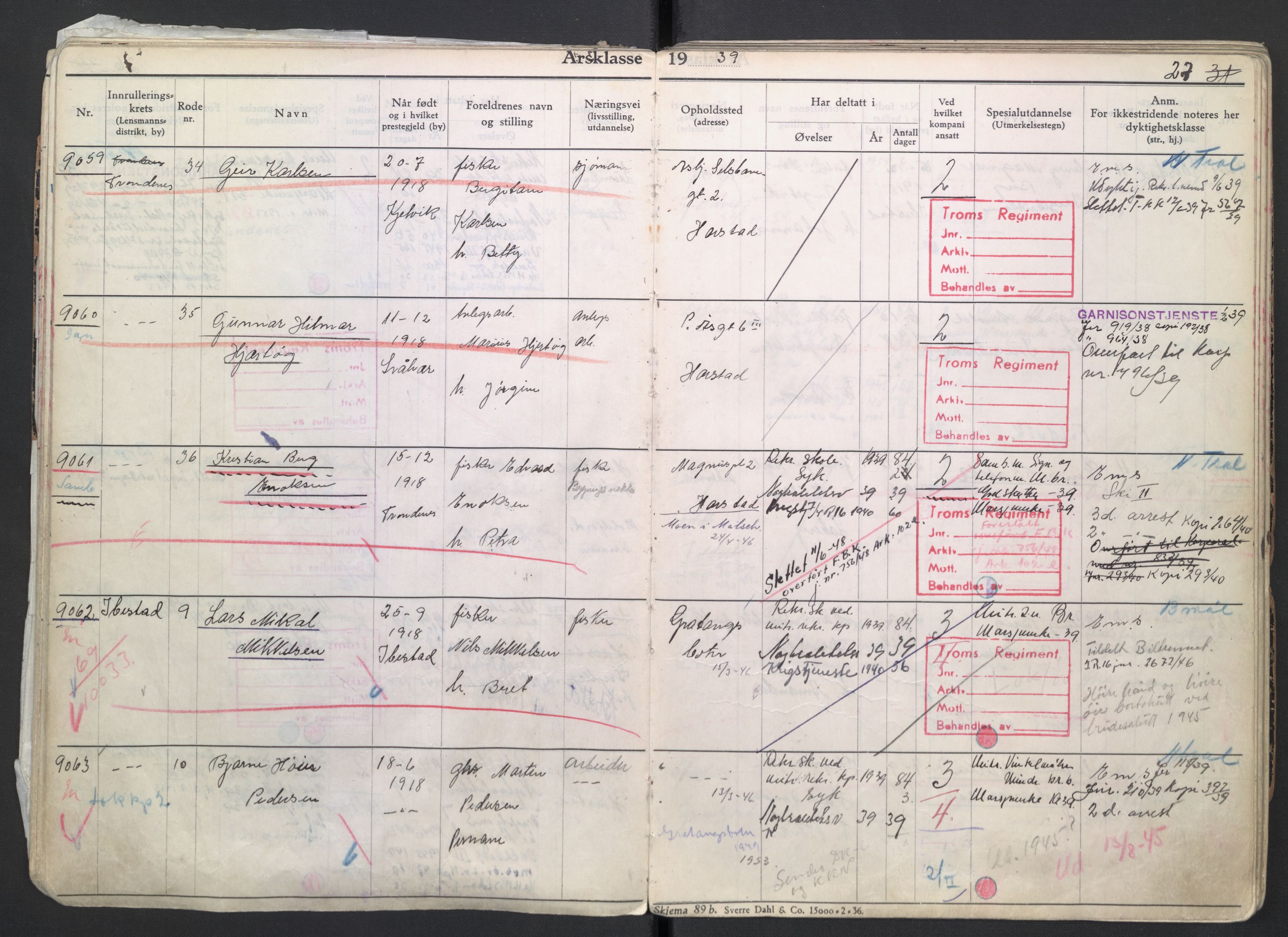 Forsvaret, Troms infanteriregiment nr. 16, AV/RA-RAFA-3146/P/Pa/L0007/0004: Ruller / Rulle for regimentets menige mannskaper, årsklasse 1939, 1939, p. 27