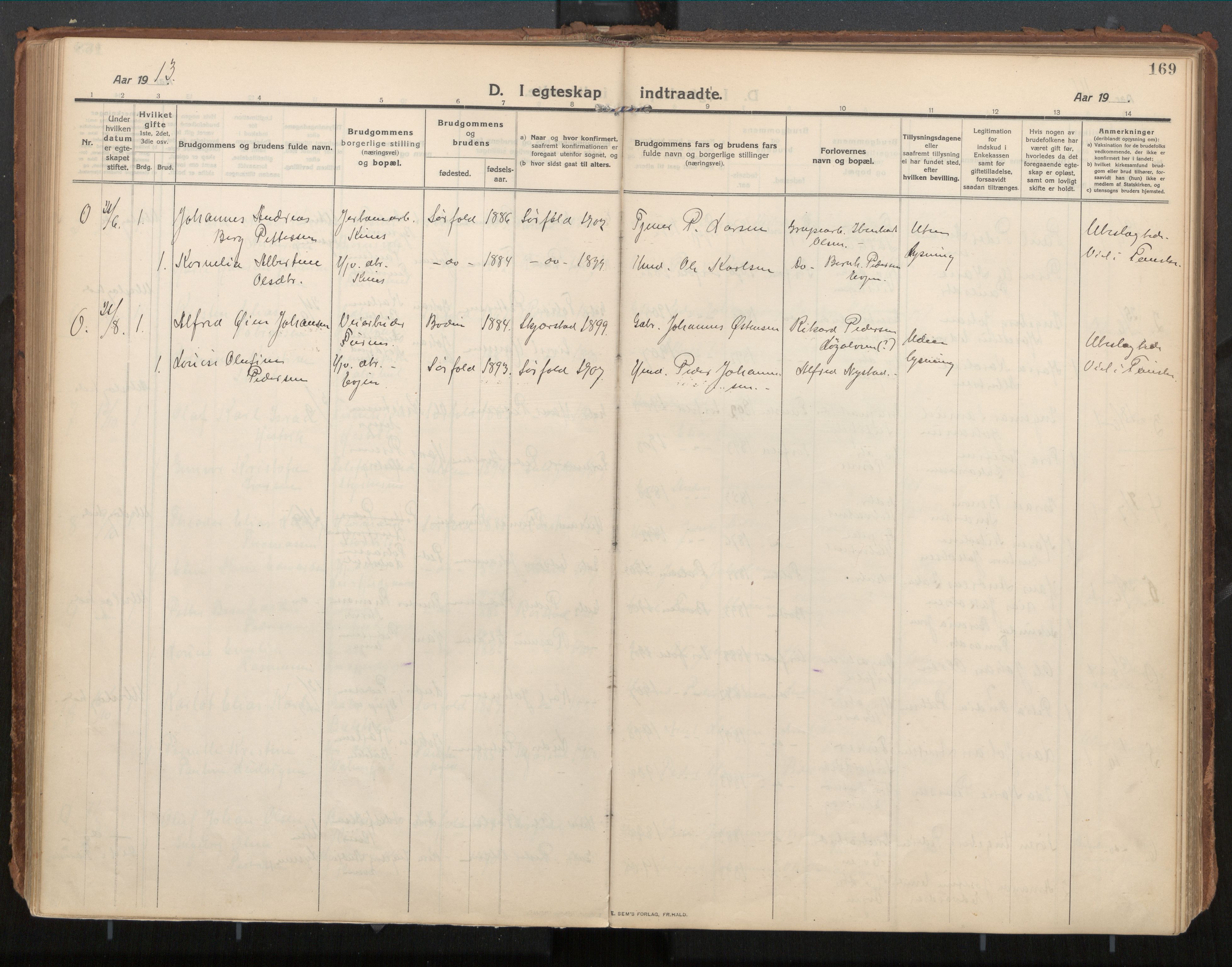Ministerialprotokoller, klokkerbøker og fødselsregistre - Nordland, SAT/A-1459/854/L0784: Parish register (official) no. 854A07, 1910-1922, p. 169