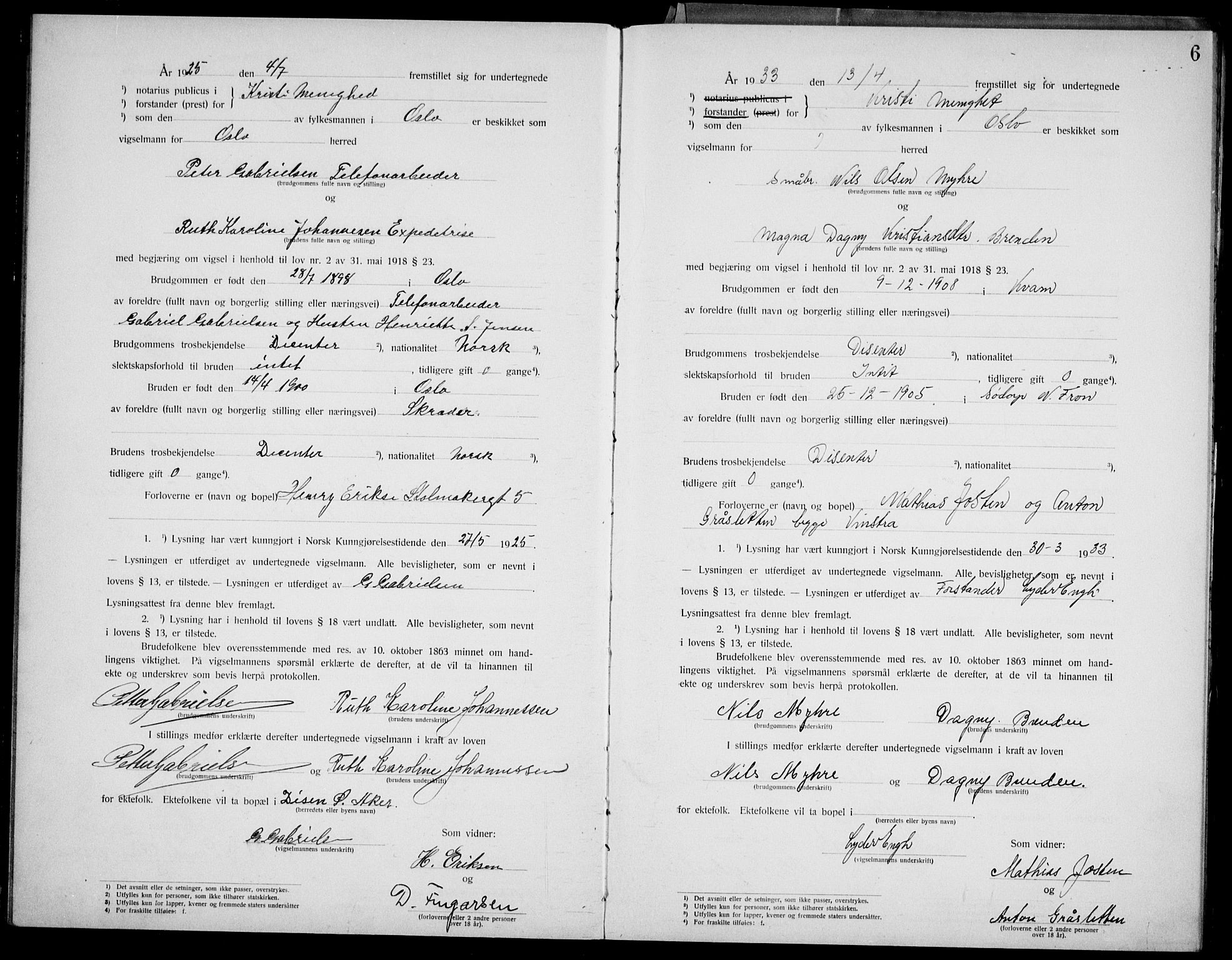 Kristi menighet Oslo , AV/SAO-PAO-0220/D/L0002: Marriage register (dissenter) no. 2, 1920-1936, p. 6