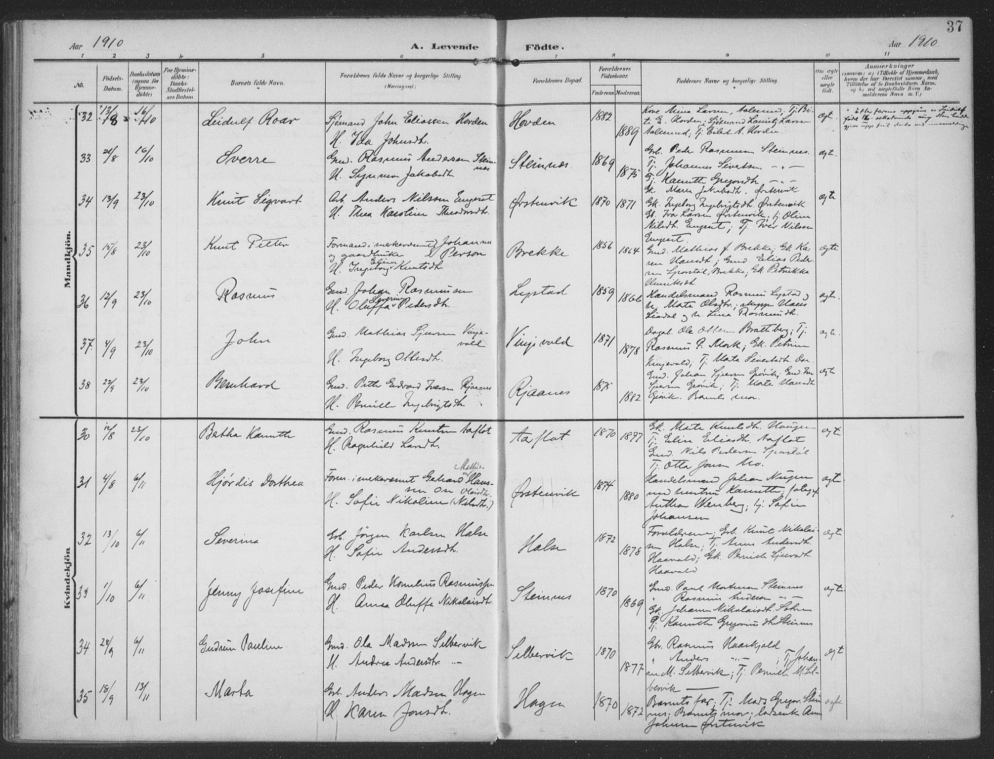 Ministerialprotokoller, klokkerbøker og fødselsregistre - Møre og Romsdal, SAT/A-1454/513/L0178: Parish register (official) no. 513A05, 1906-1919, p. 37