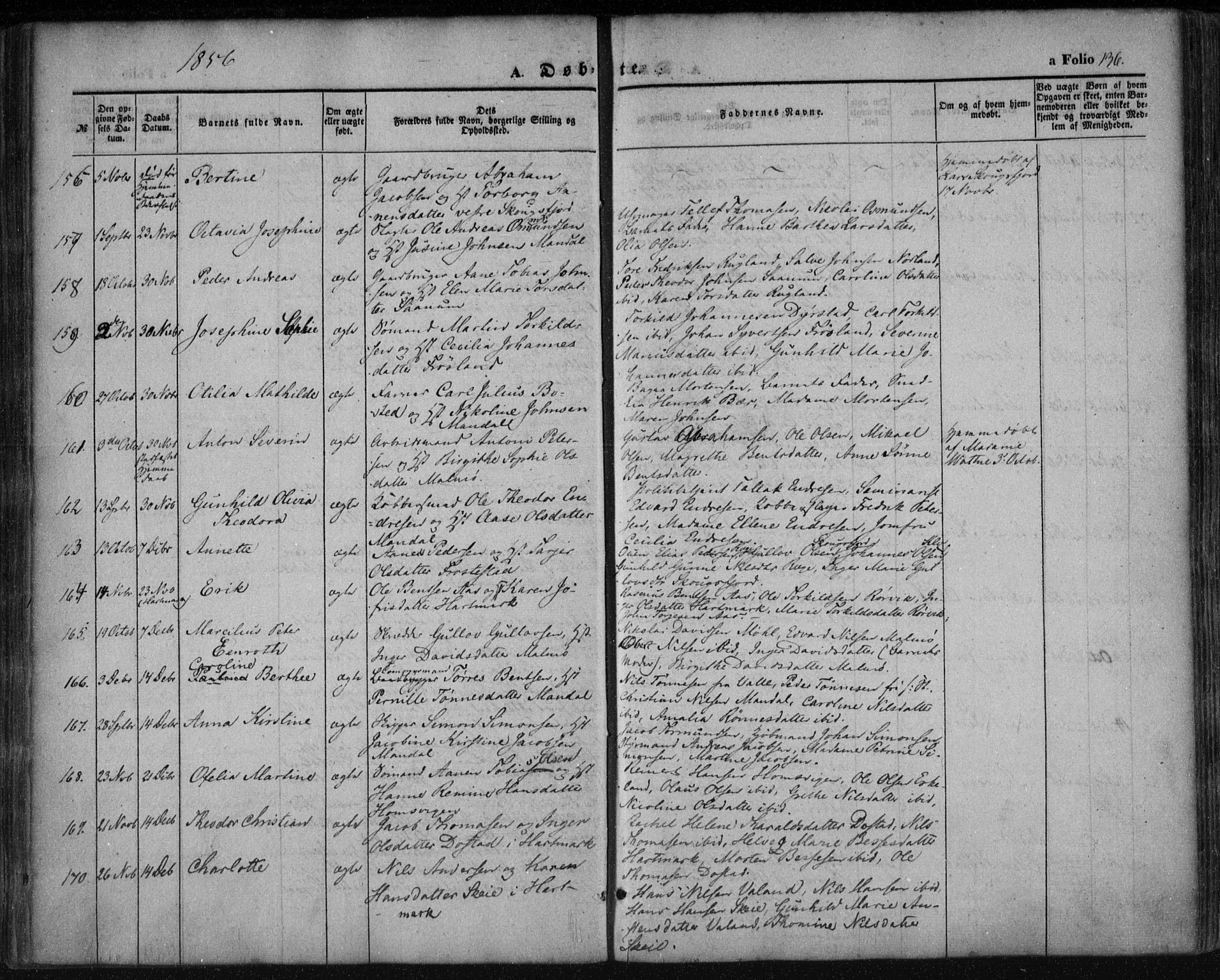 Mandal sokneprestkontor, SAK/1111-0030/F/Fa/Faa/L0013: Parish register (official) no. A 13, 1847-1859, p. 136