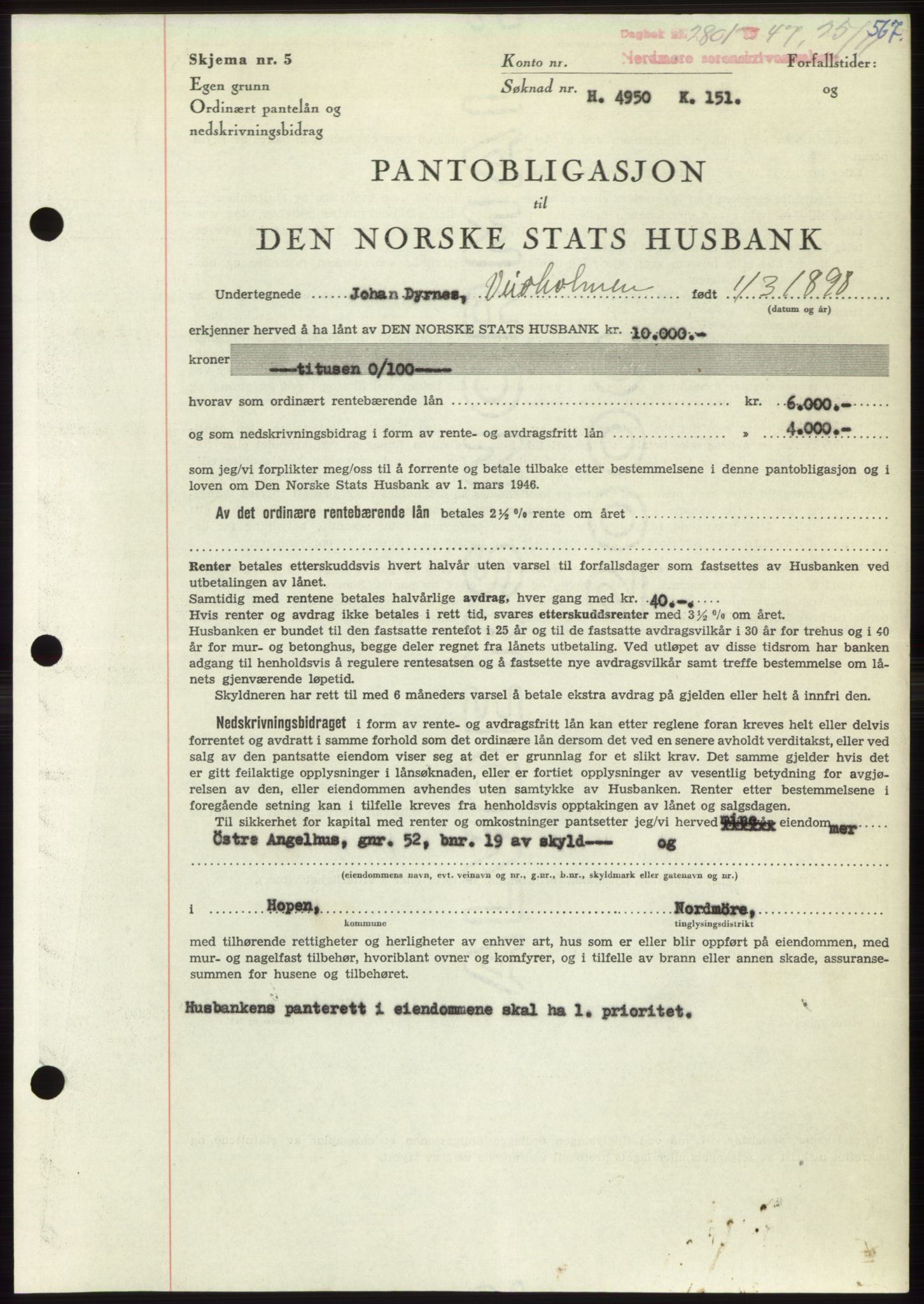 Nordmøre sorenskriveri, AV/SAT-A-4132/1/2/2Ca: Mortgage book no. B97, 1947-1948, Diary no: : 2801/1947