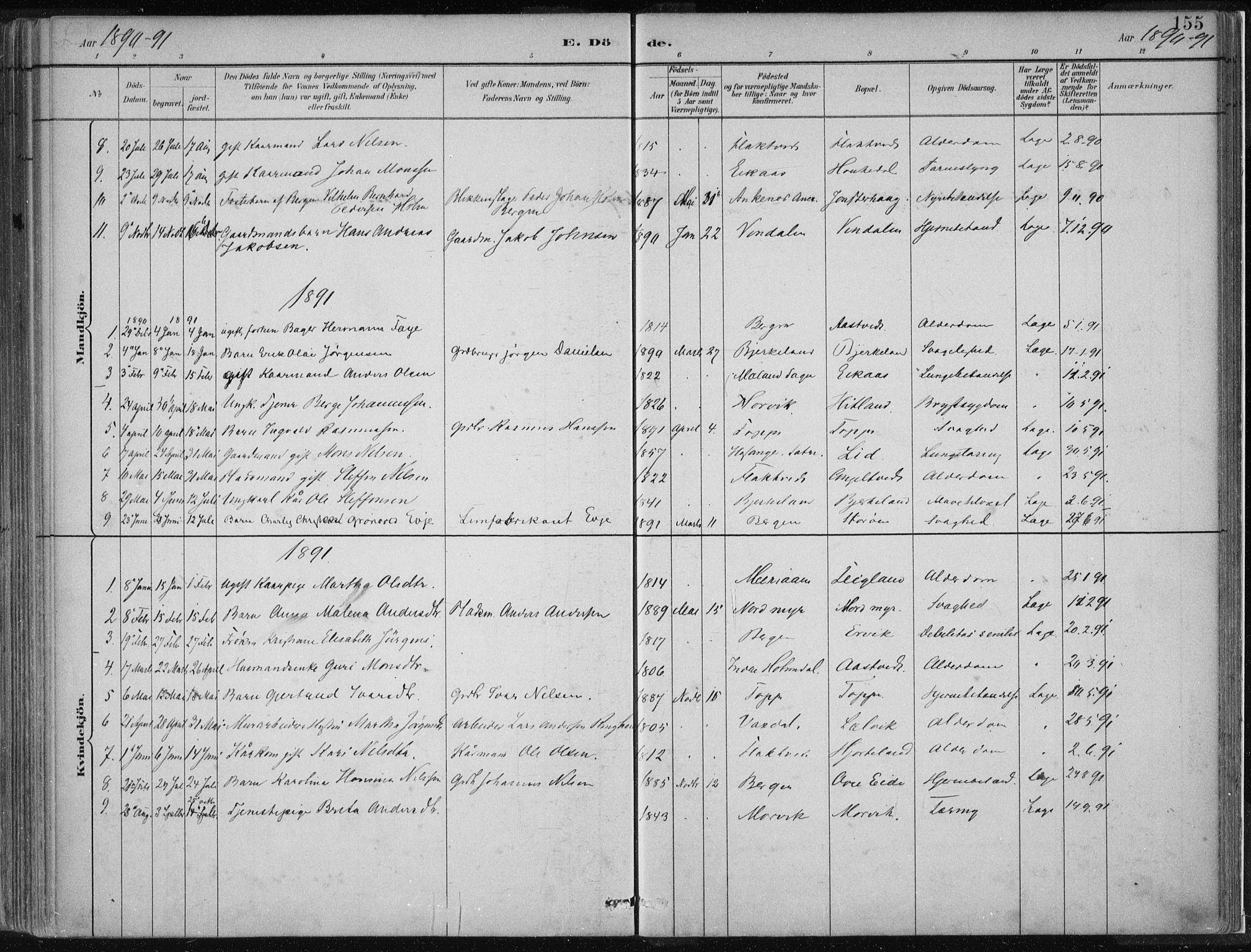 Hamre sokneprestembete, SAB/A-75501/H/Ha/Haa/Haad/L0001: Parish register (official) no. D  1, 1882-1906, p. 155