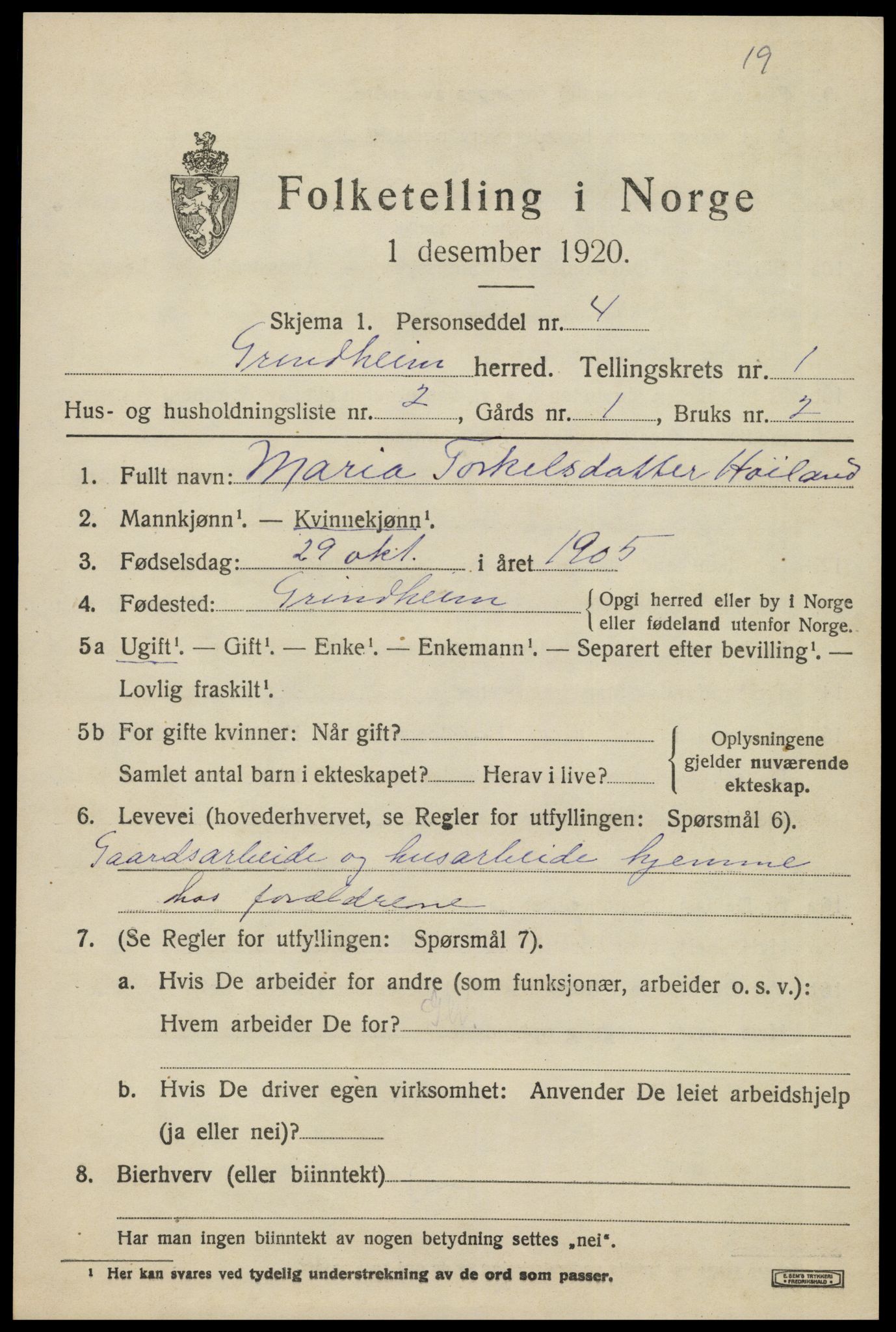 SAK, 1920 census for Grindheim, 1920, p. 421