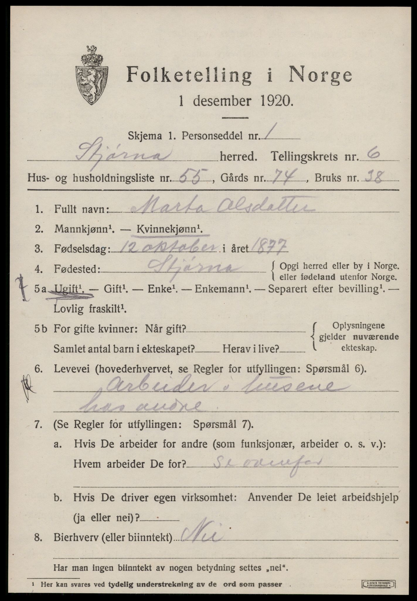 SAT, 1920 census for Stjørna, 1920, p. 5152