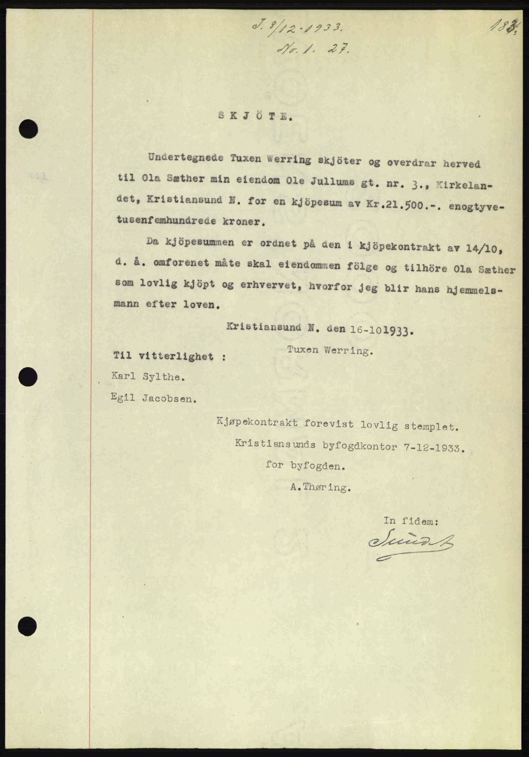 Kristiansund byfogd, AV/SAT-A-4587/A/27: Mortgage book no. 27, 1933-1934, Deed date: 08.12.1933