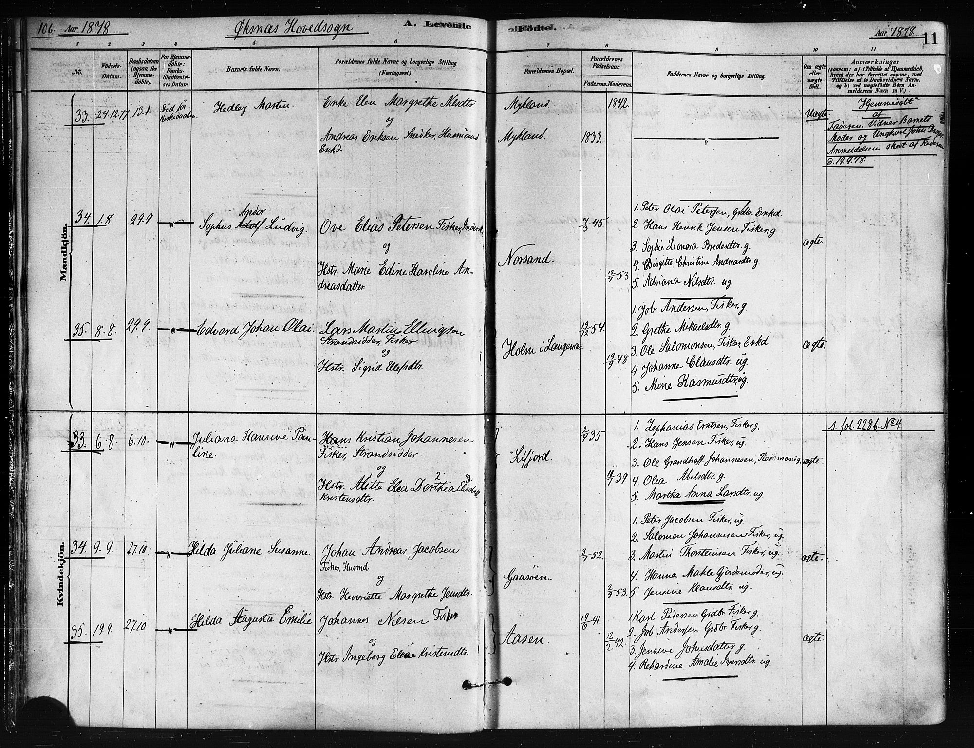 Ministerialprotokoller, klokkerbøker og fødselsregistre - Nordland, AV/SAT-A-1459/893/L1335: Parish register (official) no. 893A08 /1, 1878-1884, p. 11