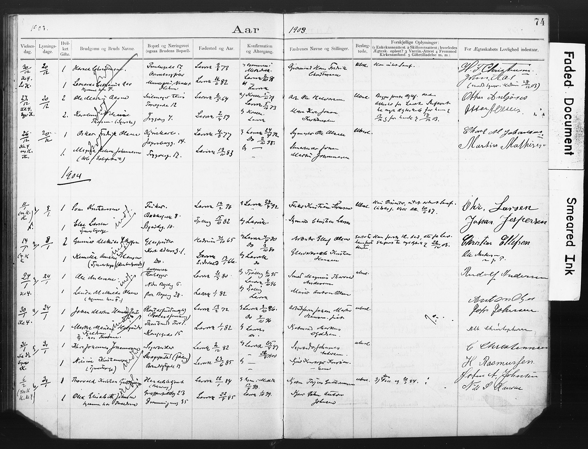 Larvik kirkebøker, AV/SAKO-A-352/H/Ha/L0002: Banns register no. 2, 1892-1907, p. 74