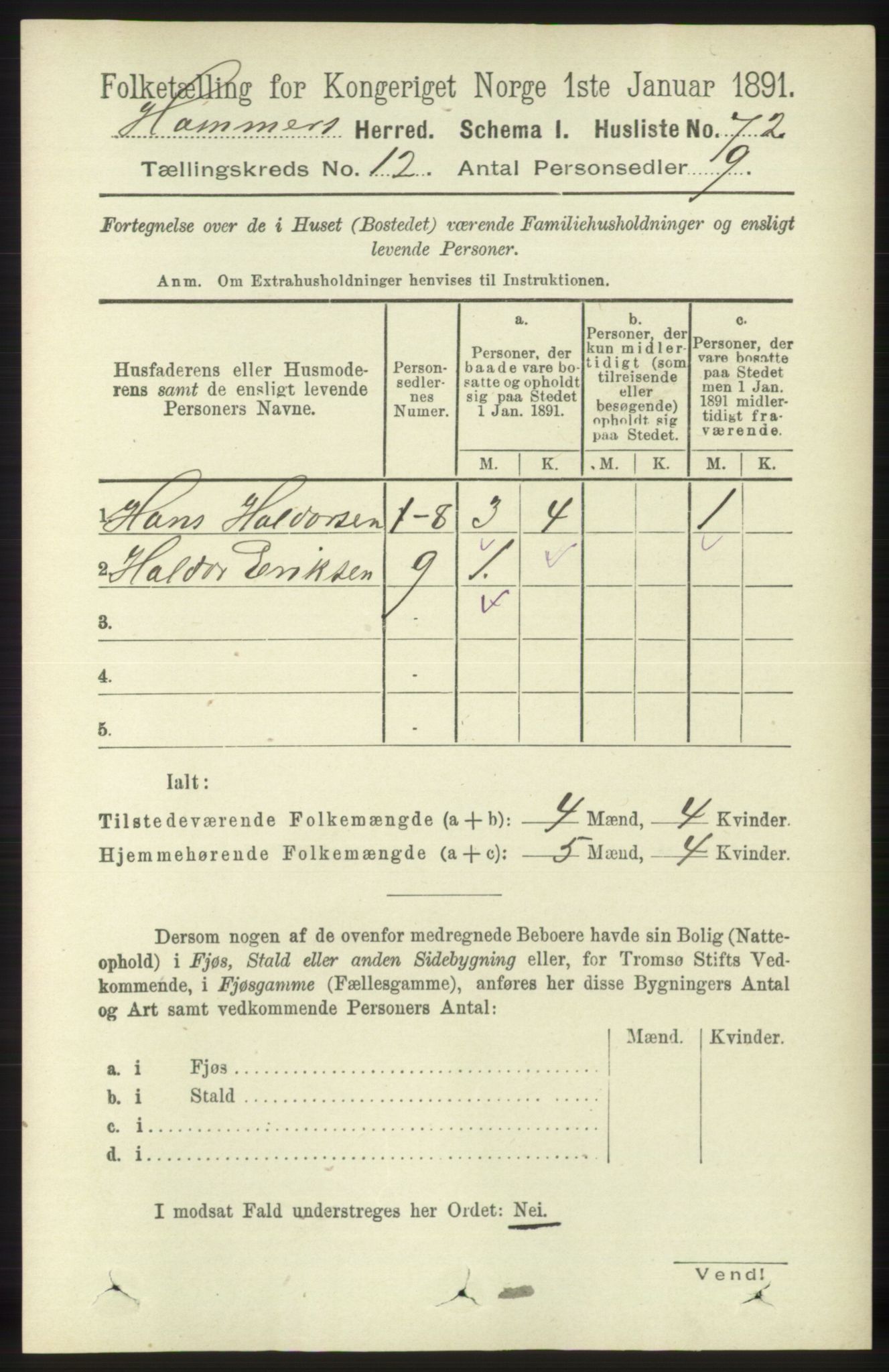 RA, 1891 census for 1254 Hamre, 1891, p. 3480