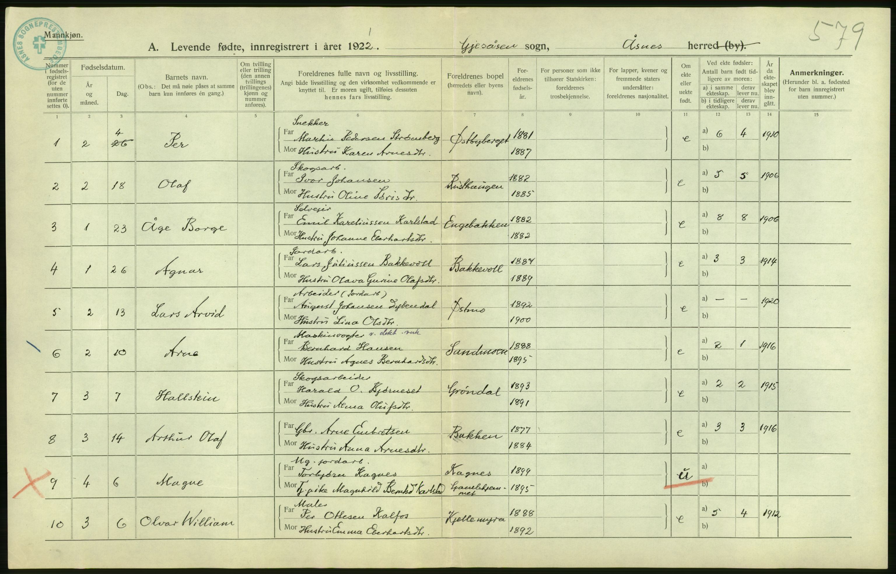 Statistisk sentralbyrå, Sosiodemografiske emner, Befolkning, AV/RA-S-2228/D/Df/Dfc/Dfca/L0014: Hedemark fylke: Levendefødte menn og kvinner. Bygder., 1921, p. 12