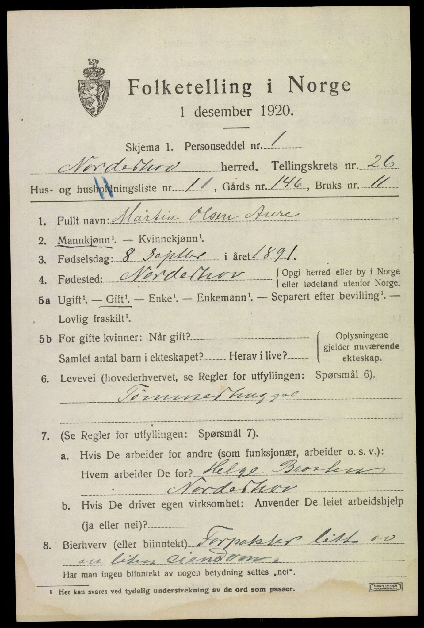 SAKO, 1920 census for Norderhov, 1920, p. 24219