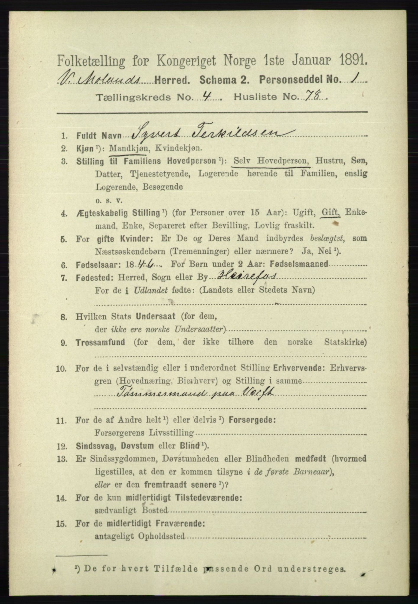 RA, 1891 census for 0926 Vestre Moland, 1891, p. 1742