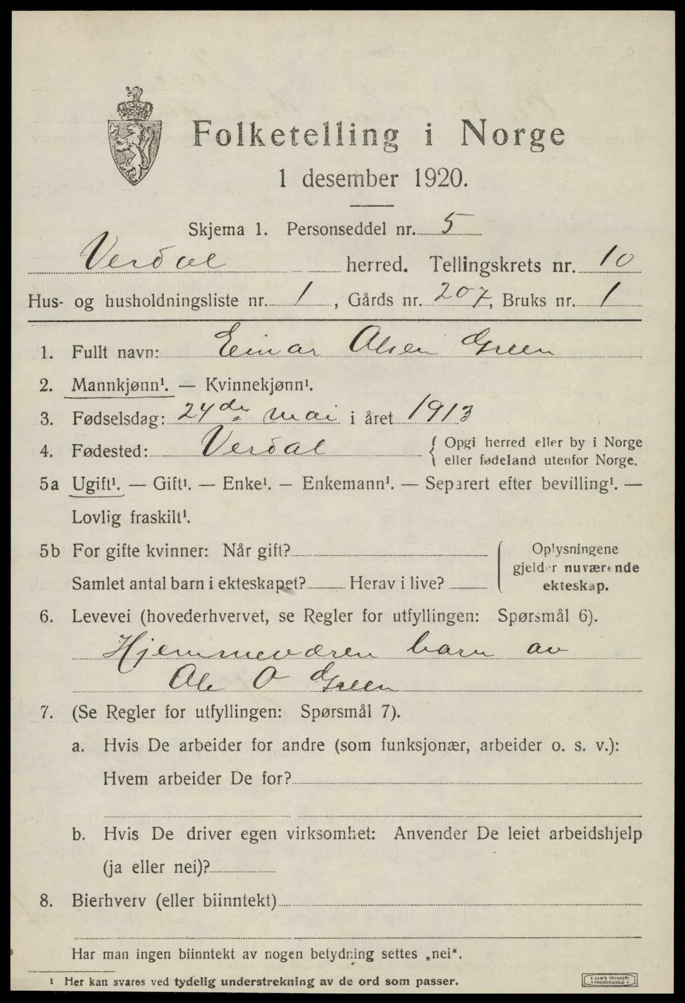 SAT, 1920 census for Verdal, 1920, p. 12153