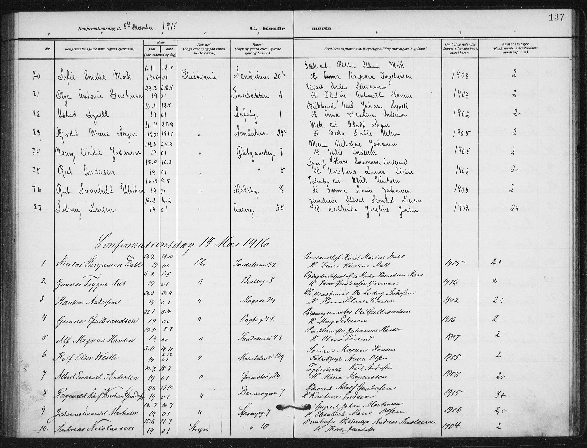 Sagene prestekontor Kirkebøker, SAO/A-10796/F/L0008: Parish register (official) no. 8, 1910-1919, p. 137