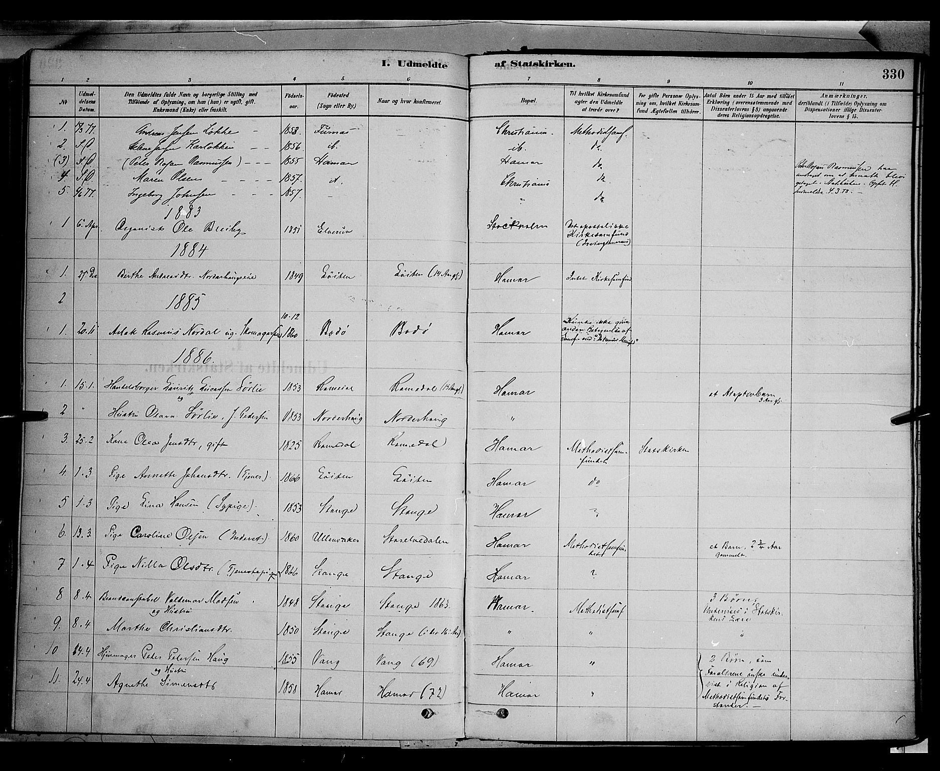 Vang prestekontor, Hedmark, SAH/PREST-008/H/Ha/Haa/L0016: Parish register (official) no. 16, 1878-1889, p. 330