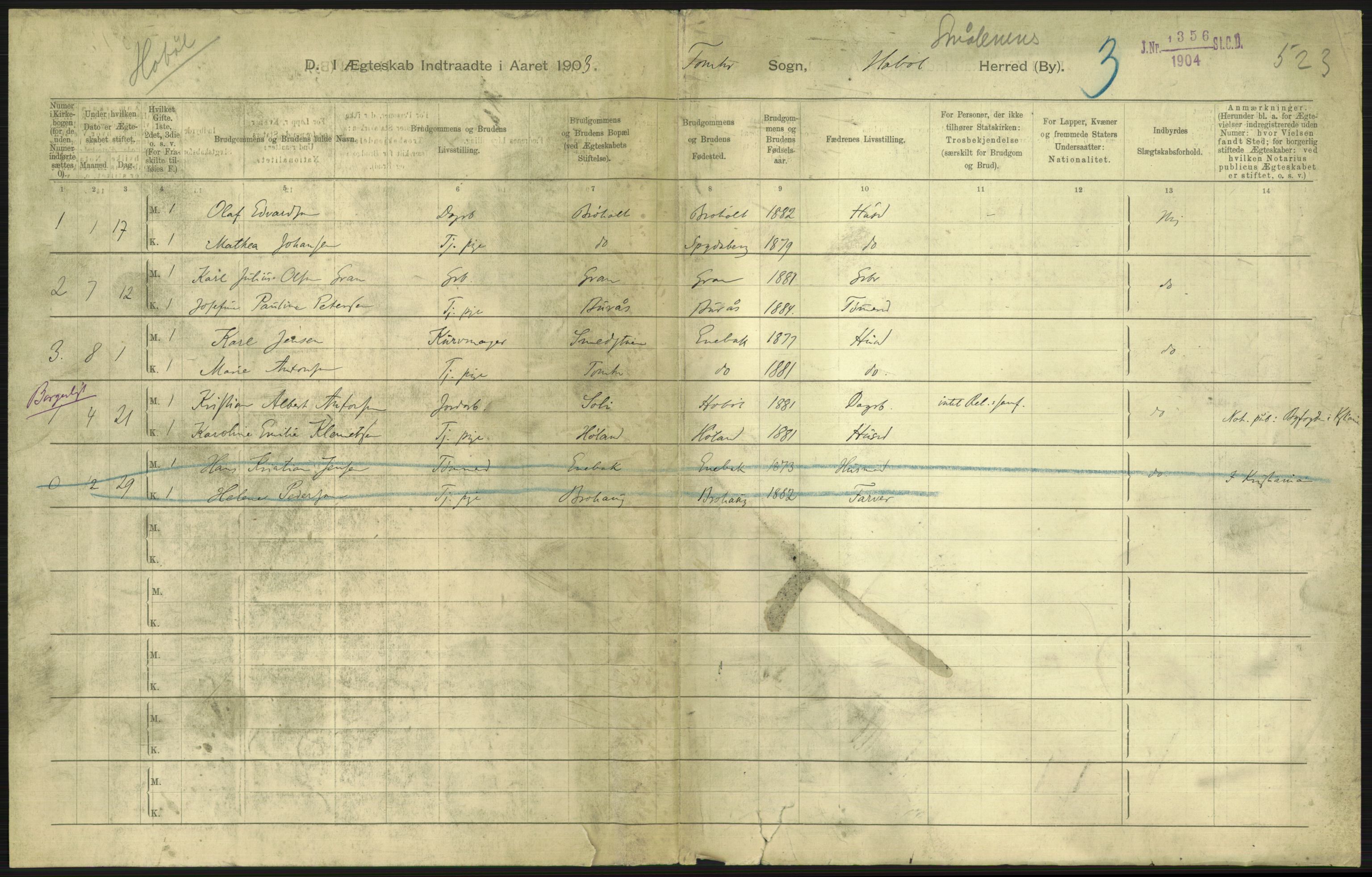 Statistisk sentralbyrå, Sosiodemografiske emner, Befolkning, RA/S-2228/D/Df/Dfa/Dfaa/L0001: Smålenenes amt: Fødte, gifte, døde, 1903, p. 499