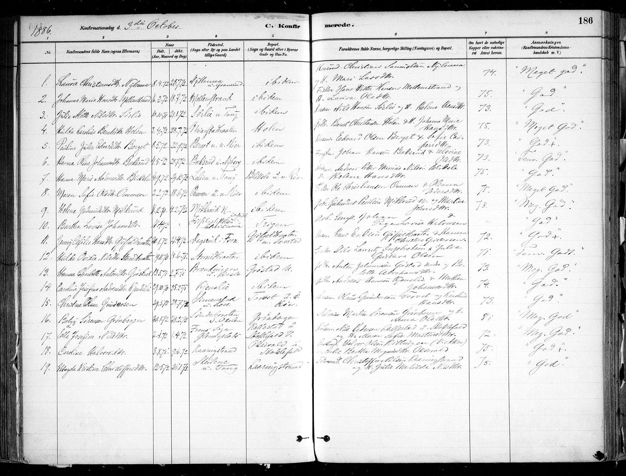 Nesodden prestekontor Kirkebøker, SAO/A-10013/F/Fa/L0009: Parish register (official) no. I 9, 1880-1915, p. 186