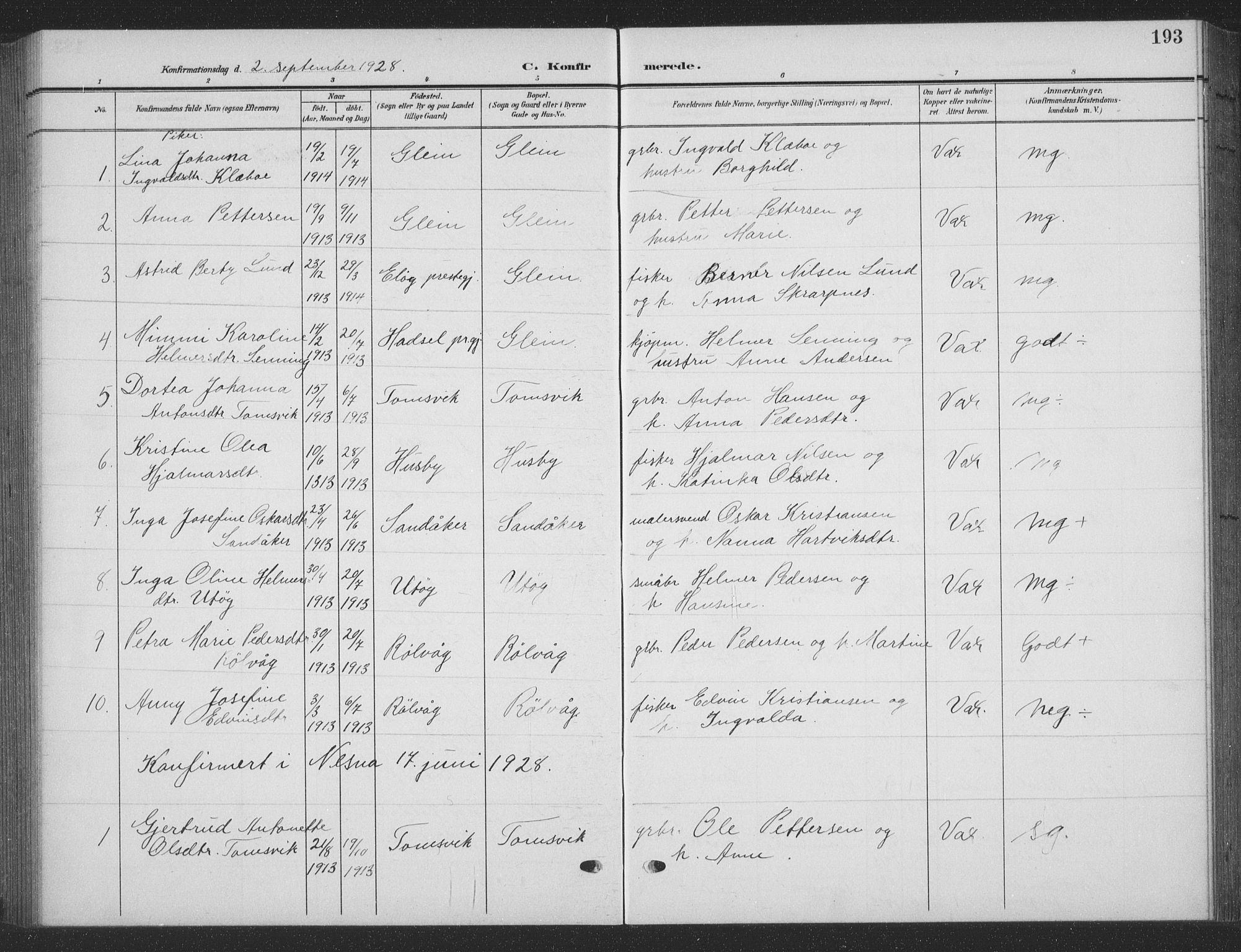 Ministerialprotokoller, klokkerbøker og fødselsregistre - Nordland, AV/SAT-A-1459/835/L0533: Parish register (copy) no. 835C05, 1906-1939, p. 193