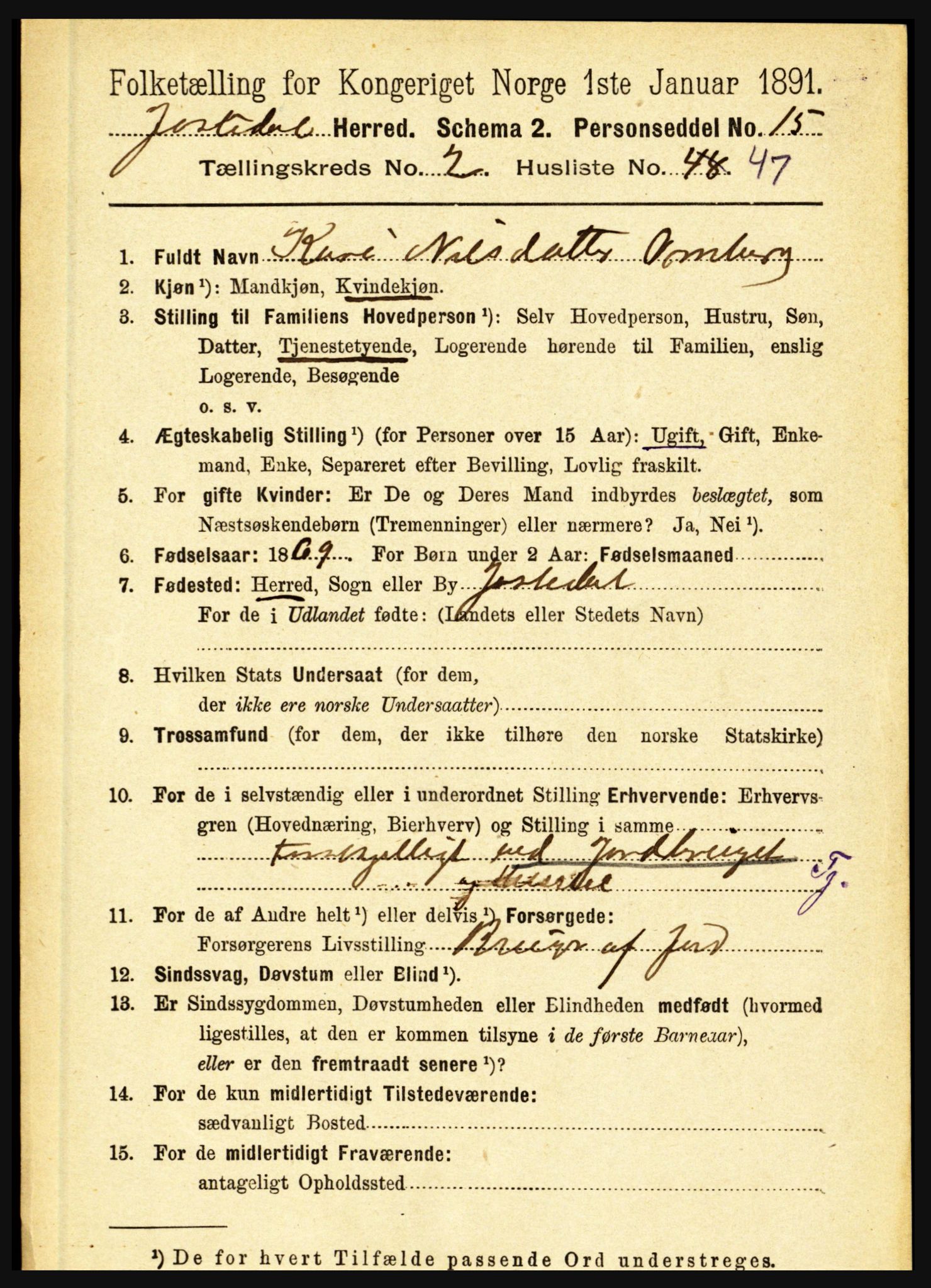 RA, 1891 census for 1427 Jostedal, 1891, p. 864