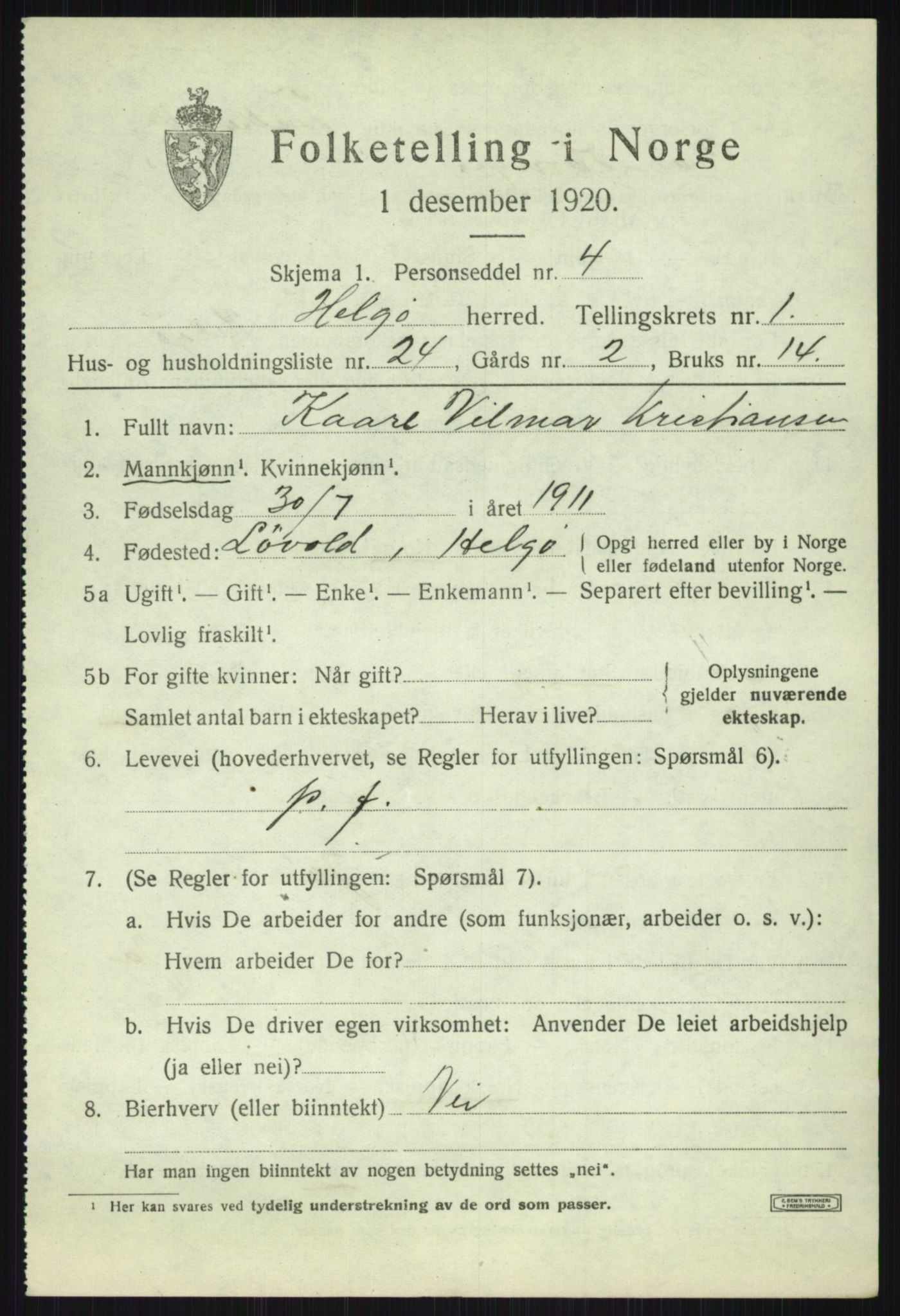SATØ, 1920 census for Helgøy, 1920, p. 842