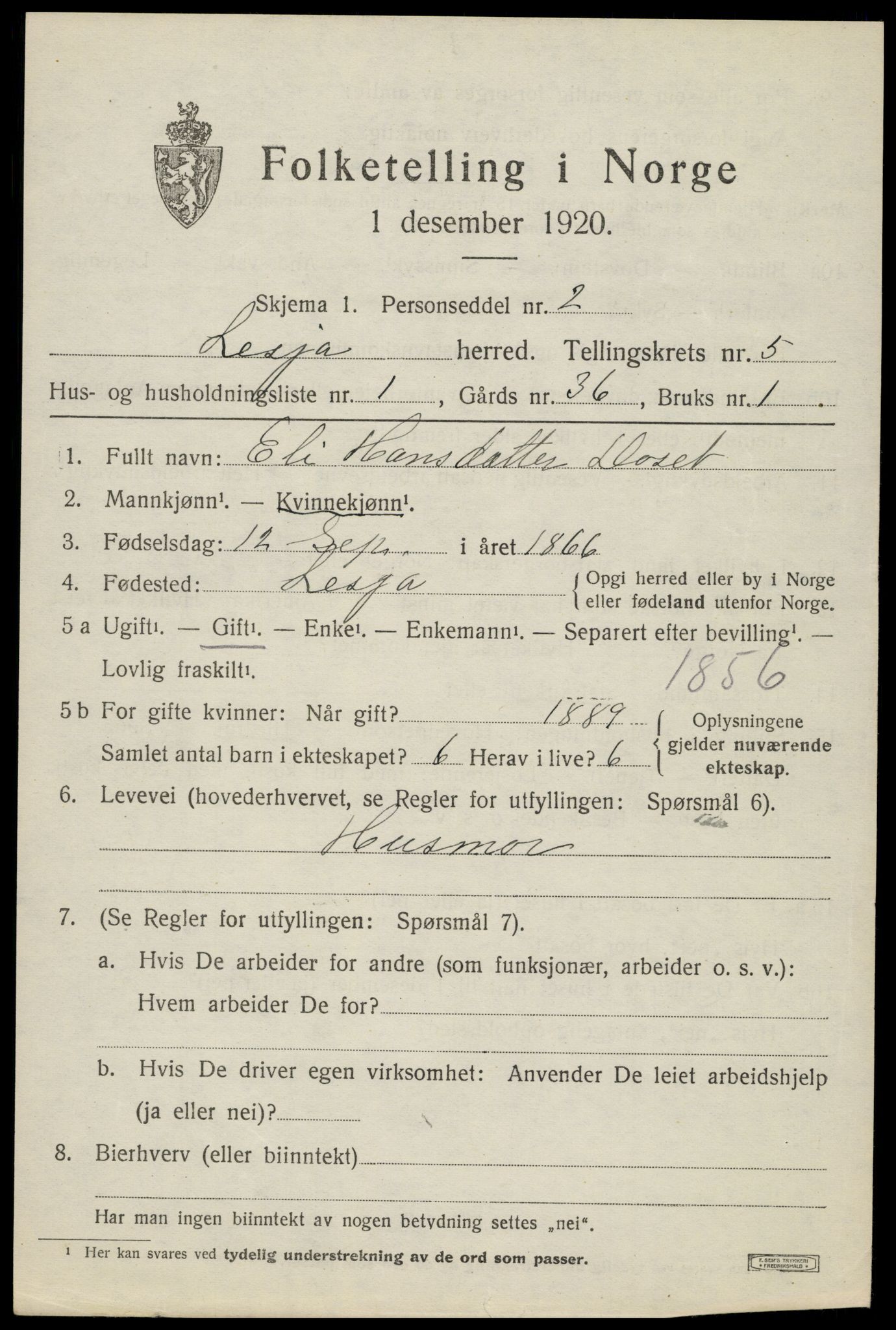 SAH, 1920 census for Lesja, 1920, p. 2800