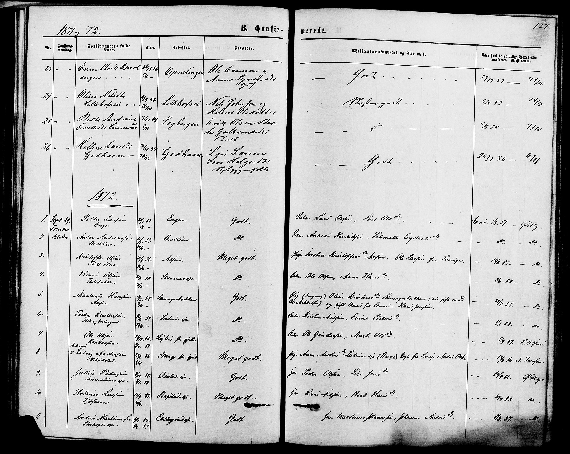 Romedal prestekontor, AV/SAH-PREST-004/K/L0006: Parish register (official) no. 6, 1866-1886, p. 151