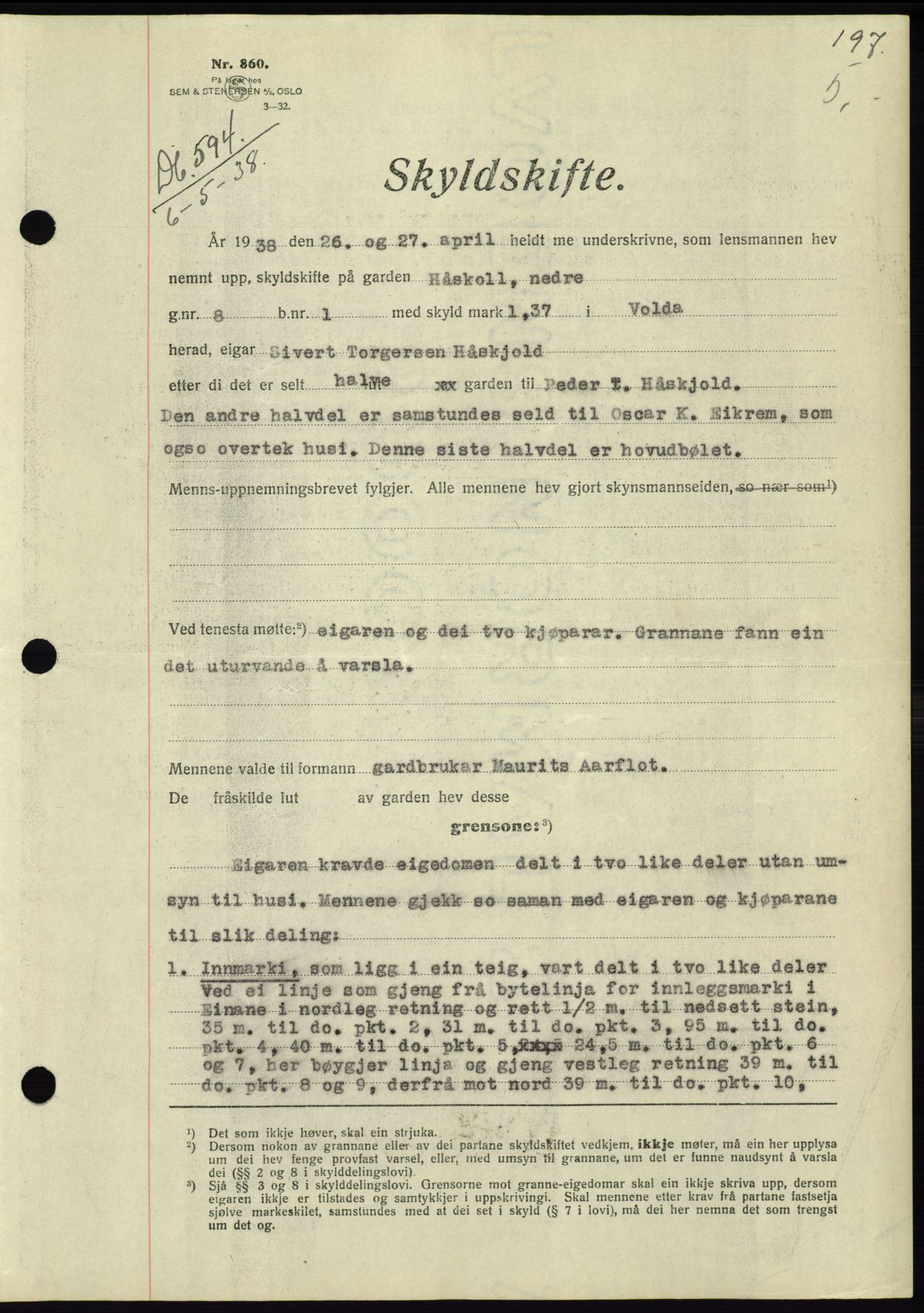 Søre Sunnmøre sorenskriveri, AV/SAT-A-4122/1/2/2C/L0065: Mortgage book no. 59, 1938-1938, Diary no: : 594/1938