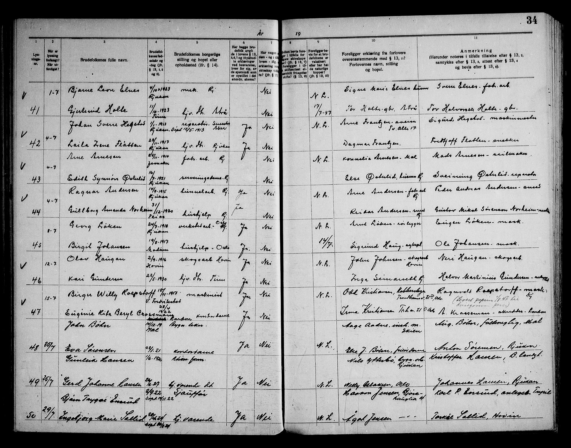 Rjukan kirkebøker, AV/SAKO-A-294/H/Ha/L0001: Banns register no. 1, 1939-1959, p. 34