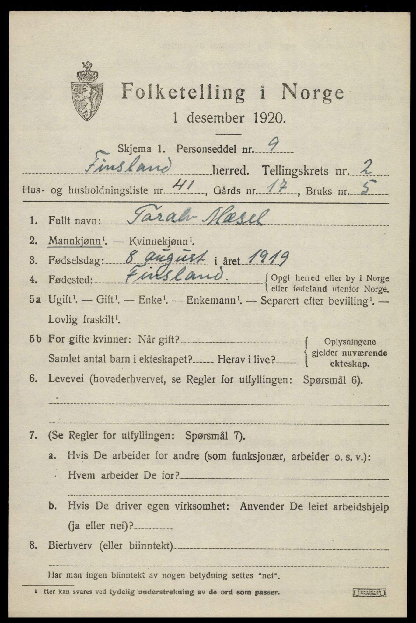 SAK, 1920 census for Finsland, 1920, p. 1166