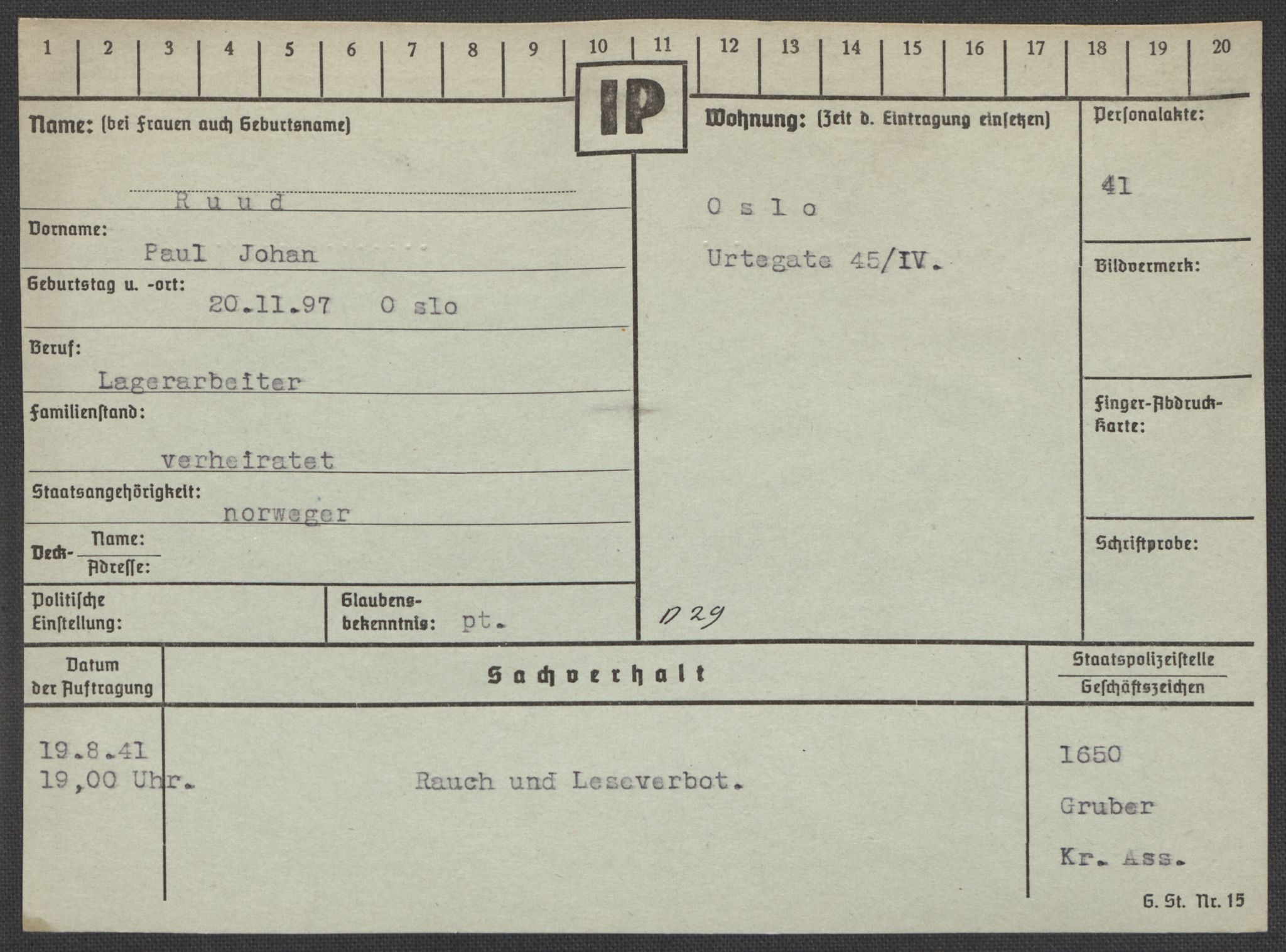 Befehlshaber der Sicherheitspolizei und des SD, AV/RA-RAFA-5969/E/Ea/Eaa/L0009: Register over norske fanger i Møllergata 19: Ru-Sy, 1940-1945, p. 84