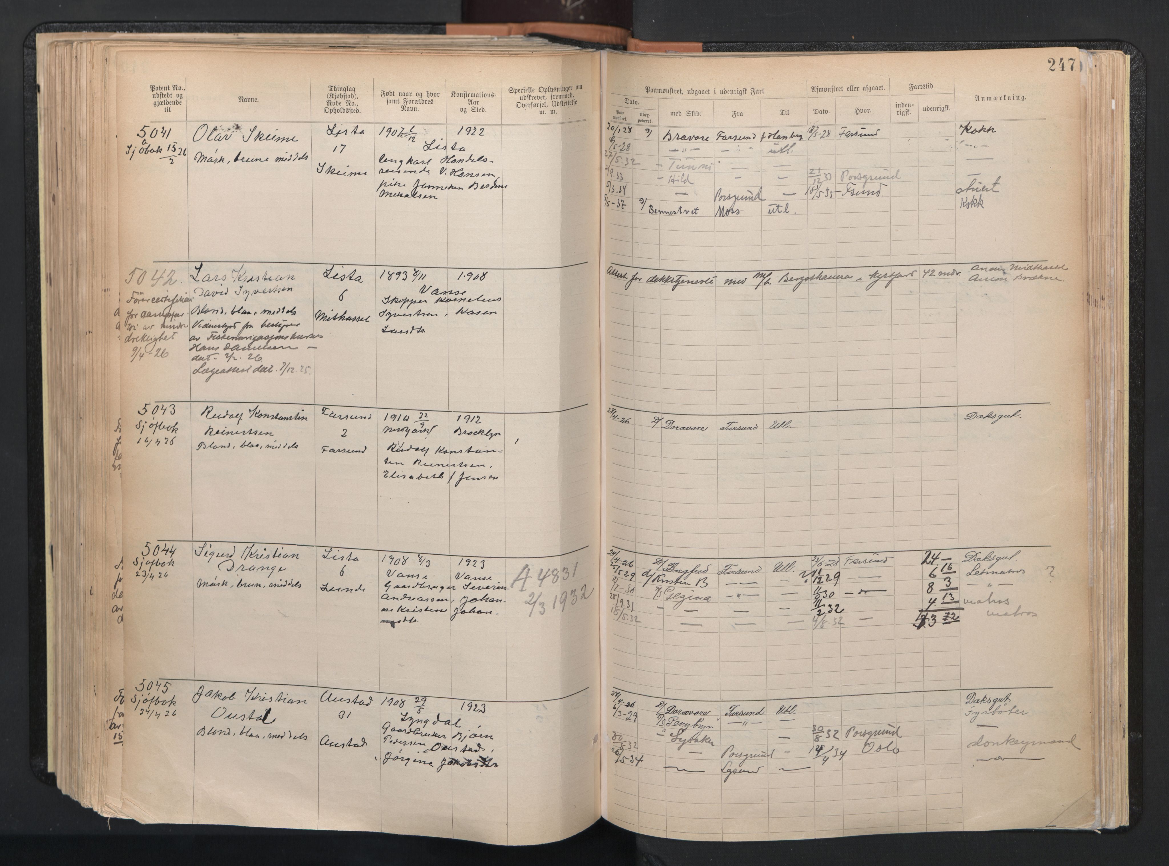 Farsund mønstringskrets, AV/SAK-2031-0017/F/Fa/L0003: Annotasjonsrulle nr 3816-5304 med register, M-3, 1894-1948, p. 279