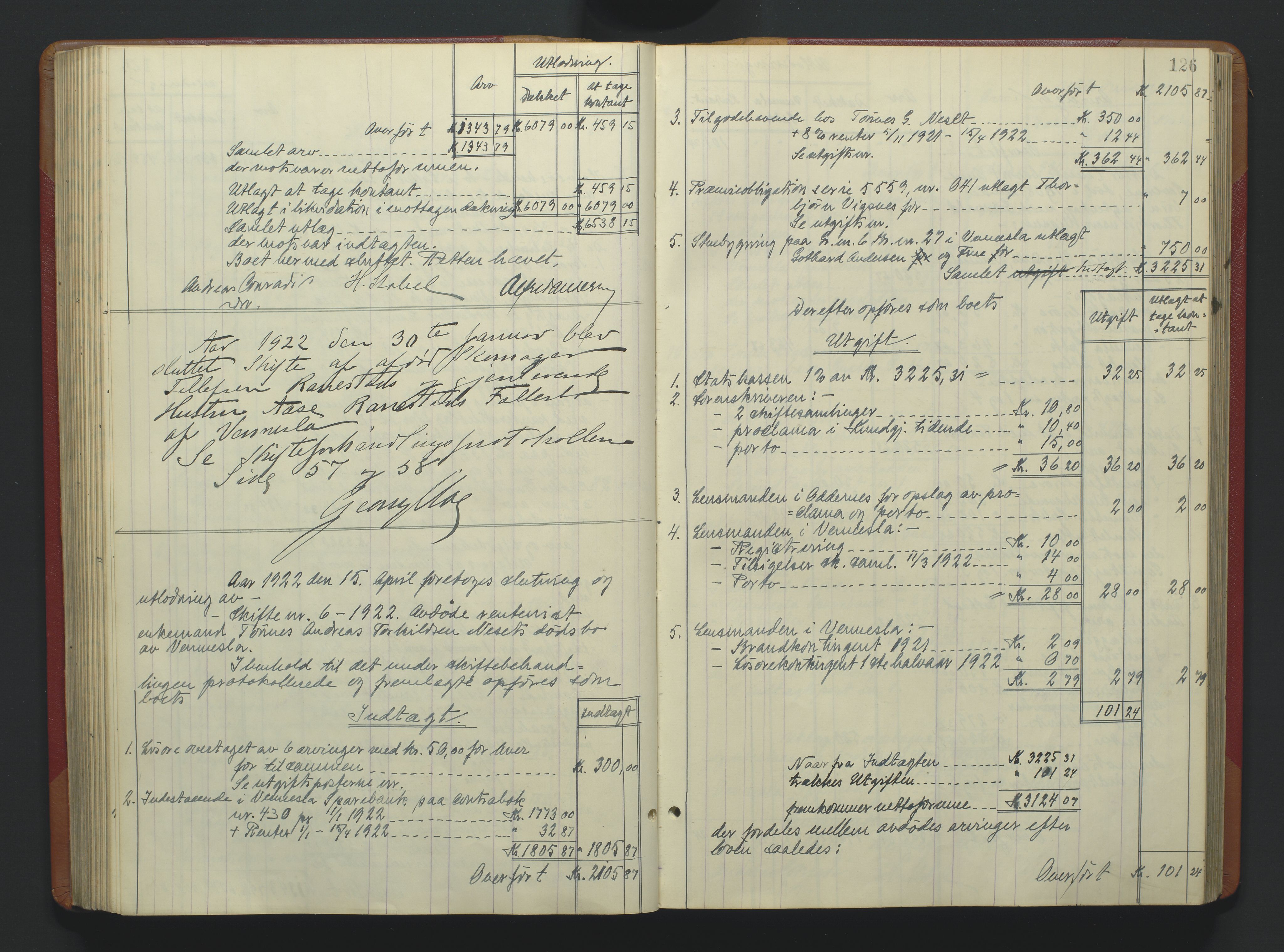 Torridal sorenskriveri, AV/SAK-1221-0012/H/Hc/L0037: Skifteutlodningsprotokoll med navneregister nr. 6, 1918-1927, p. 126