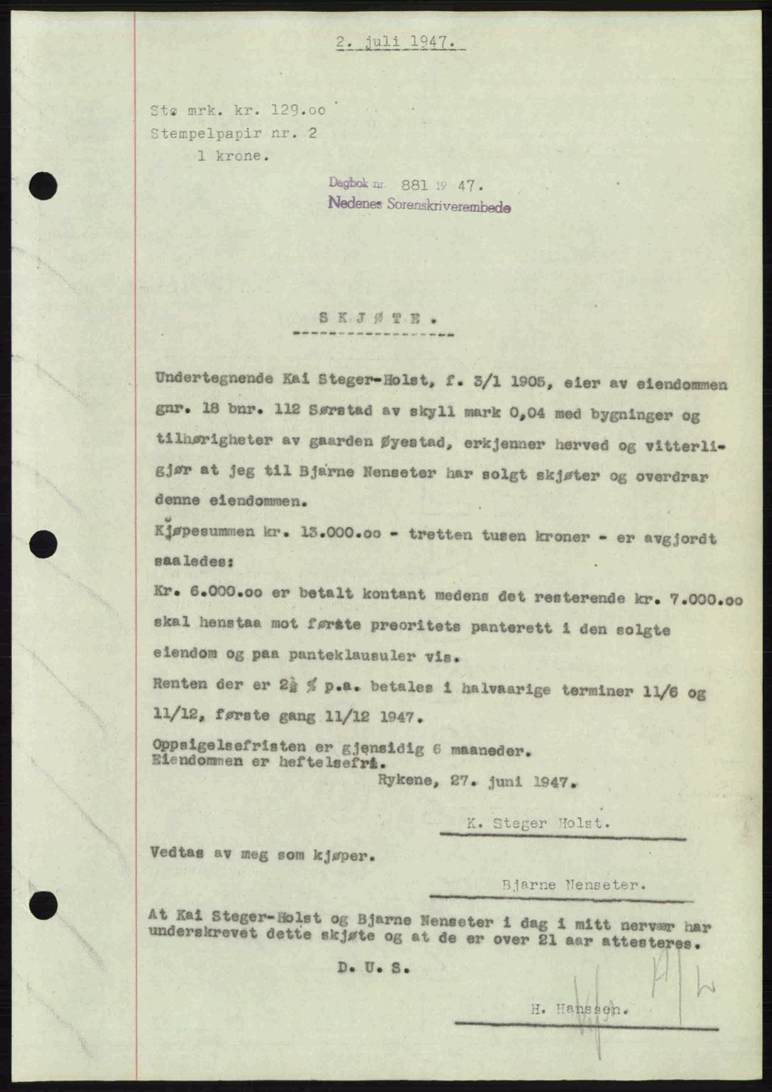 Nedenes sorenskriveri, AV/SAK-1221-0006/G/Gb/Gba/L0057: Mortgage book no. A9, 1947-1947, Diary no: : 881/1947