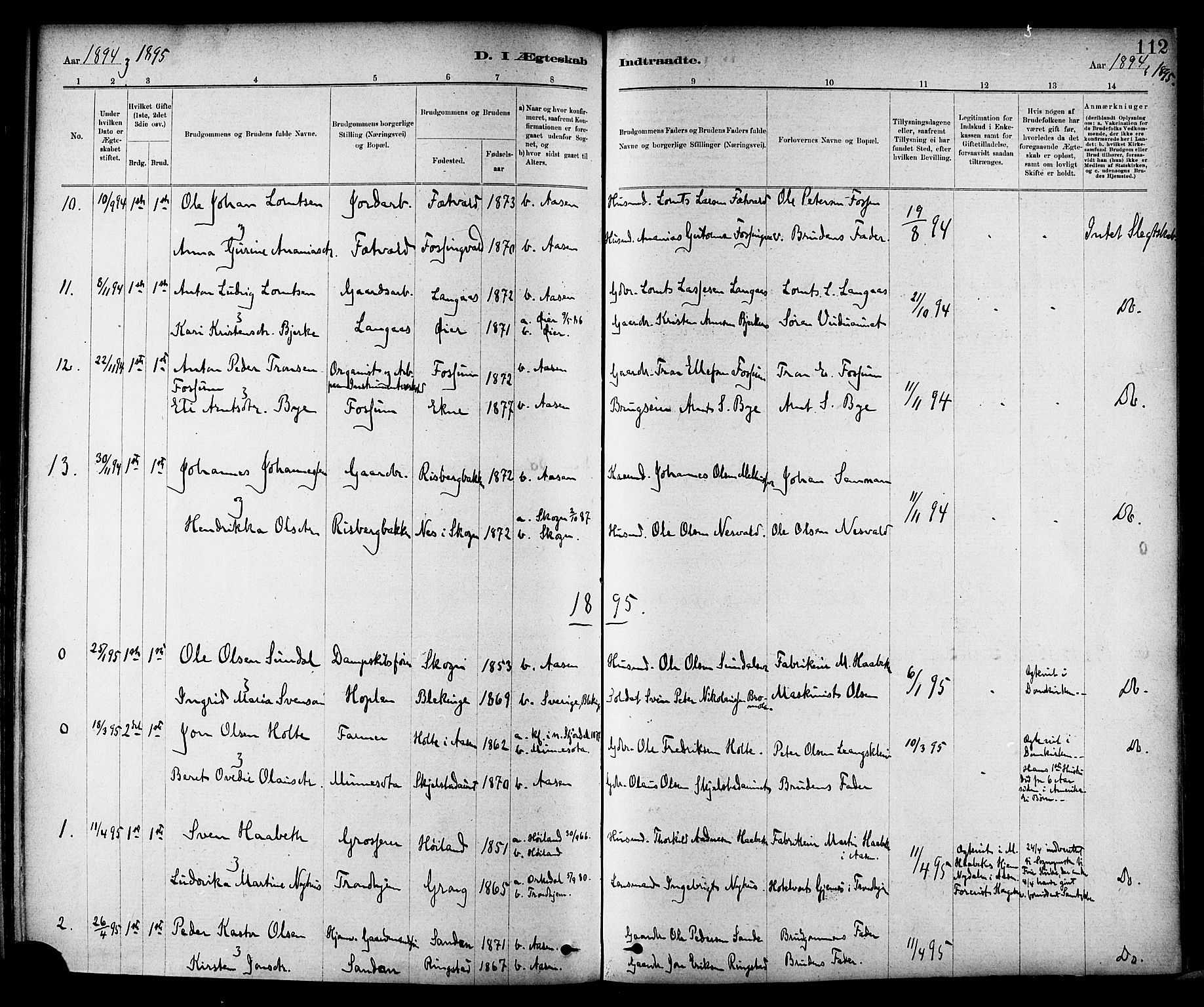 Ministerialprotokoller, klokkerbøker og fødselsregistre - Nord-Trøndelag, AV/SAT-A-1458/714/L0130: Parish register (official) no. 714A01, 1878-1895, p. 112