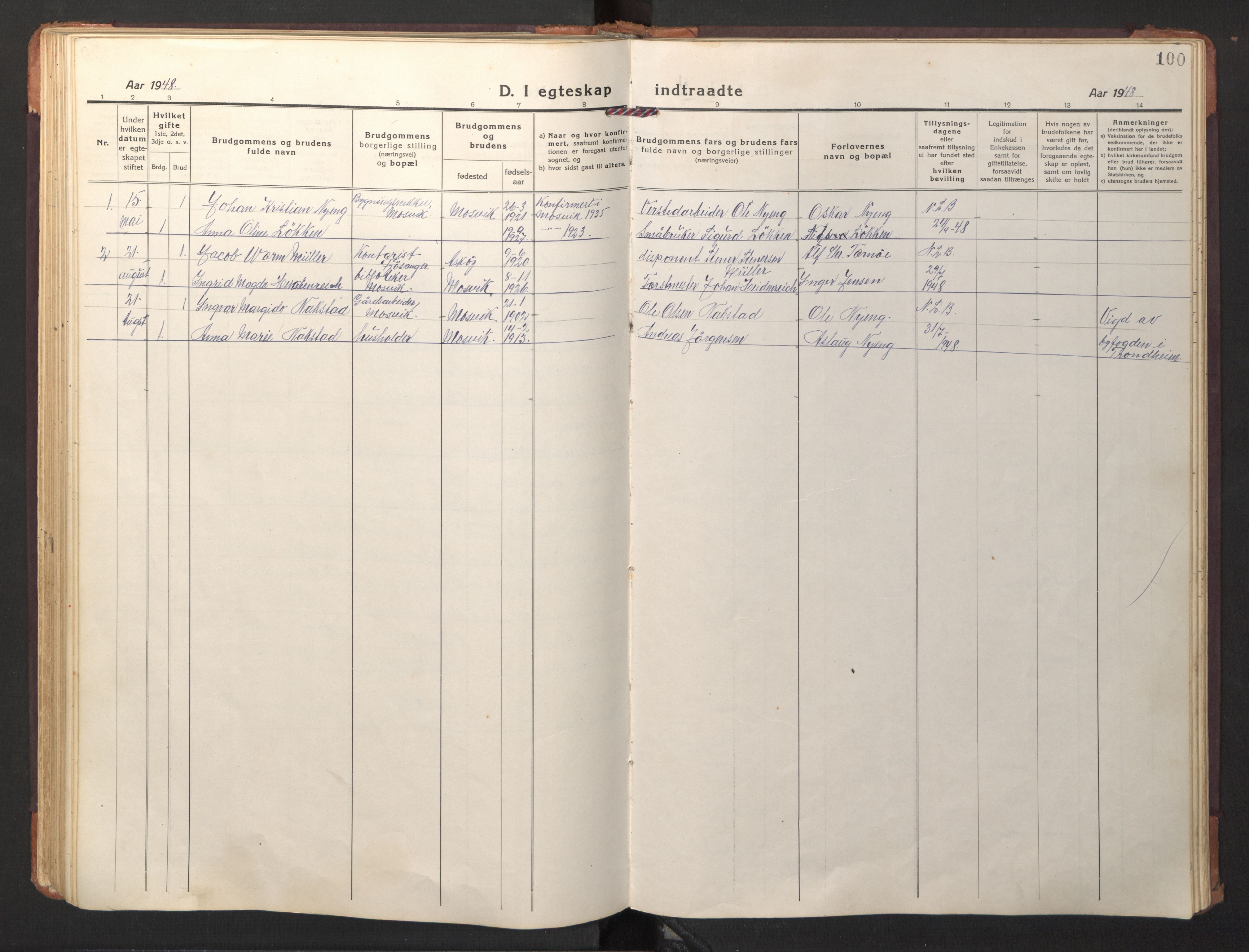 Ministerialprotokoller, klokkerbøker og fødselsregistre - Nord-Trøndelag, SAT/A-1458/733/L0328: Parish register (copy) no. 733C03, 1919-1966, p. 100