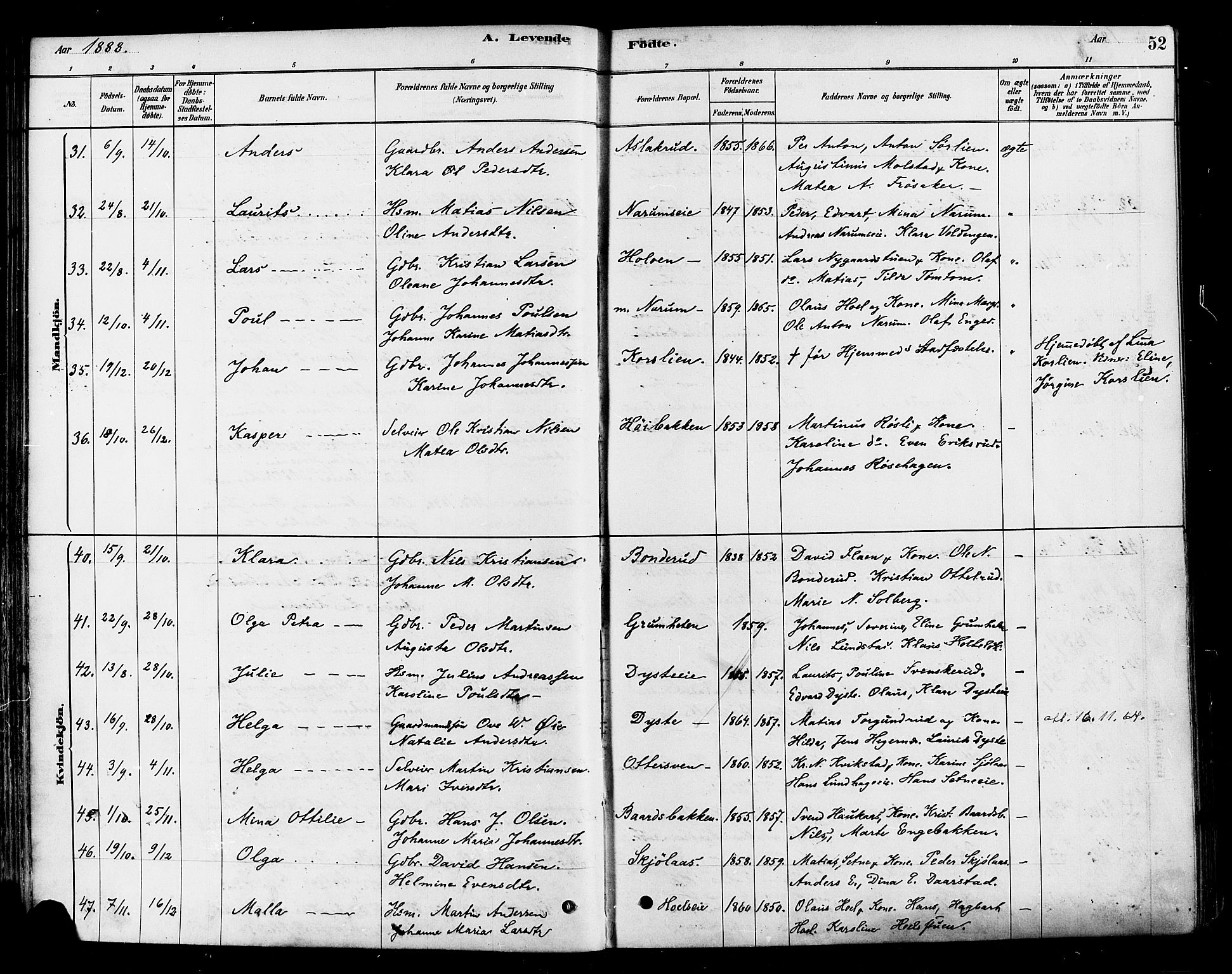 Vestre Toten prestekontor, AV/SAH-PREST-108/H/Ha/Haa/L0010: Parish register (official) no. 10, 1878-1894, p. 52