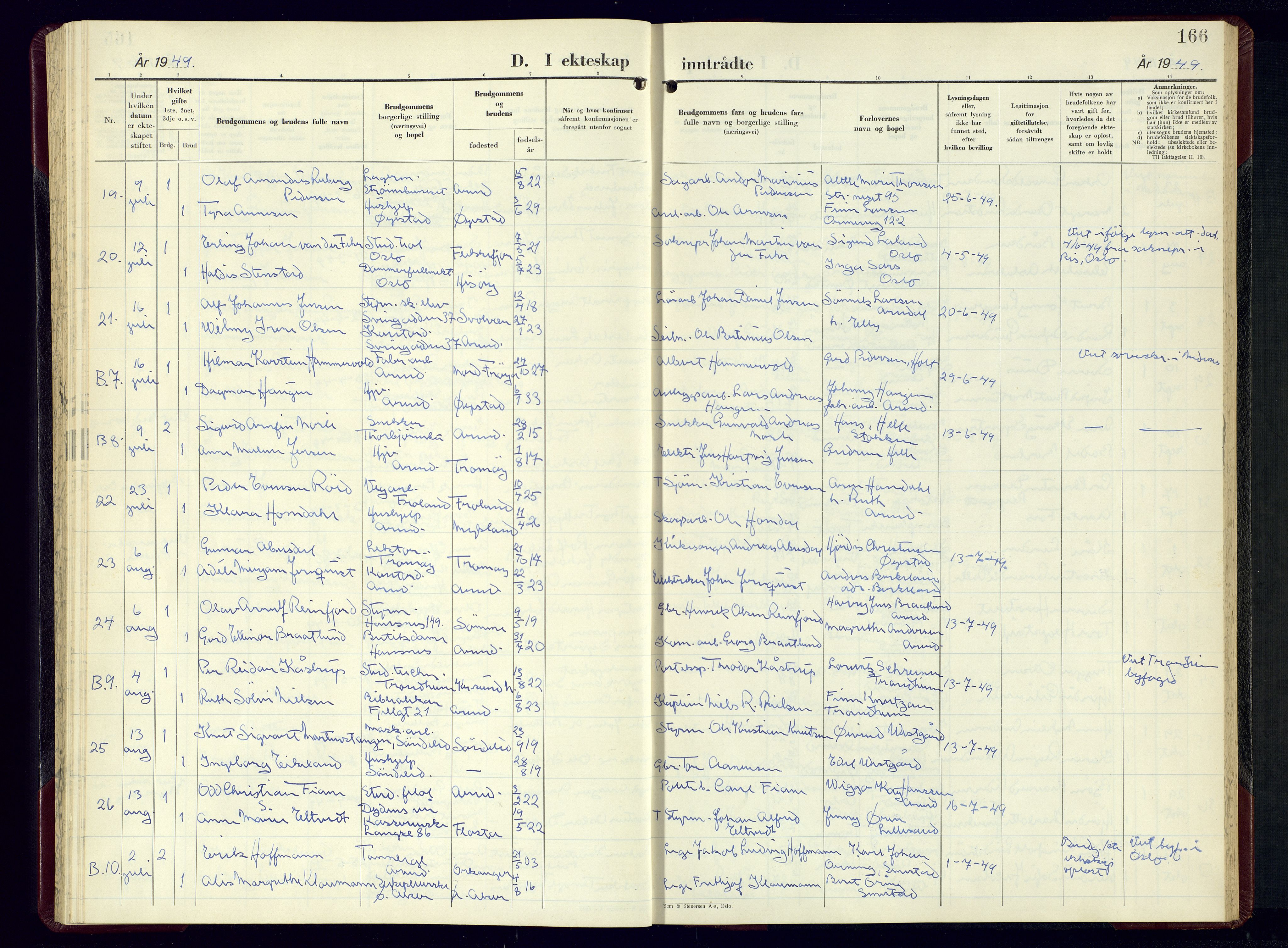 Arendal sokneprestkontor, Trefoldighet, AV/SAK-1111-0040/F/Fb/L0010: Parish register (copy) no. B-10, 1949-1960, p. 166