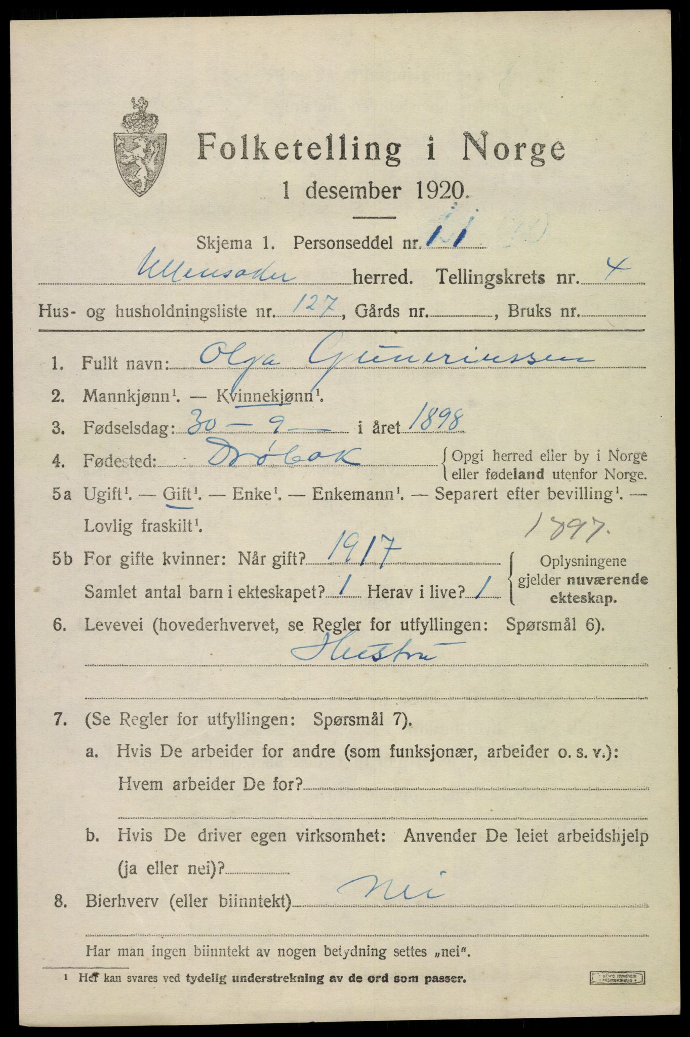 SAO, 1920 census for Ullensaker, 1920, p. 8827