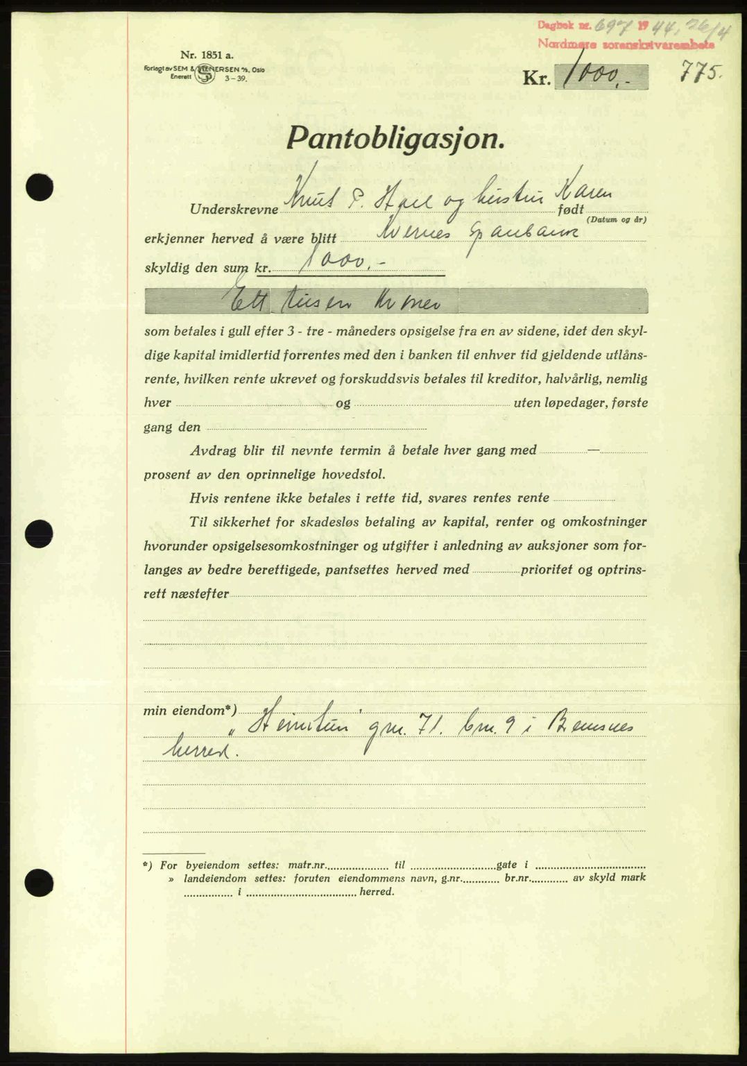 Nordmøre sorenskriveri, AV/SAT-A-4132/1/2/2Ca: Mortgage book no. B91, 1943-1944, Diary no: : 697/1944