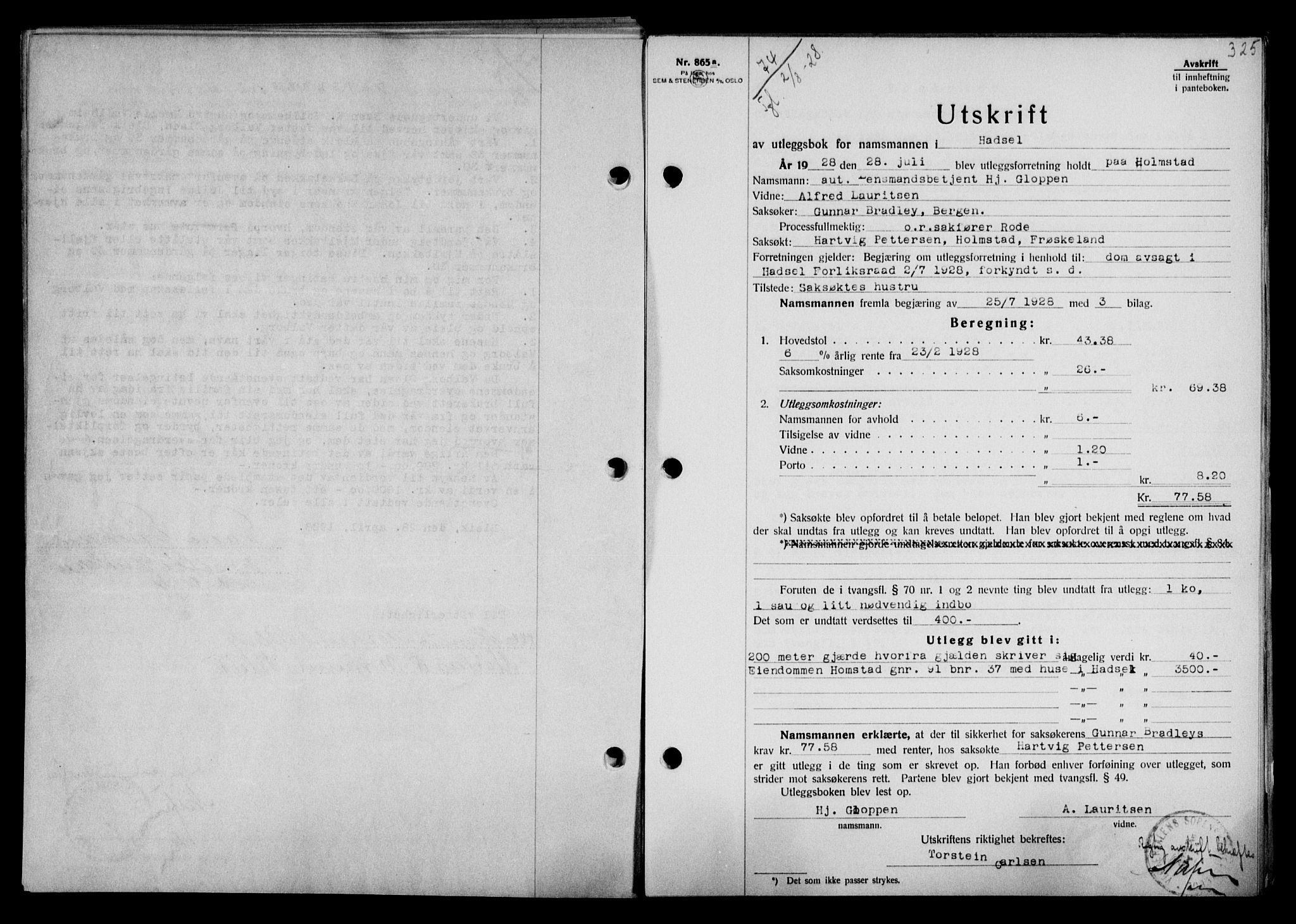 Vesterålen sorenskriveri, SAT/A-4180/1/2/2Ca/L0046: Mortgage book no. 39, 1928-1928, Deed date: 02.08.1928