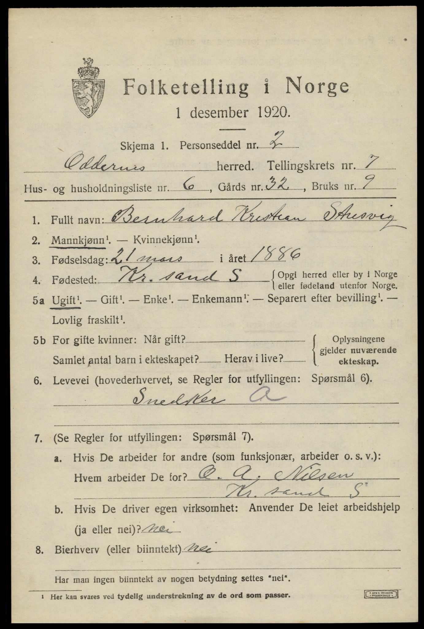 SAK, 1920 census for Oddernes, 1920, p. 5421
