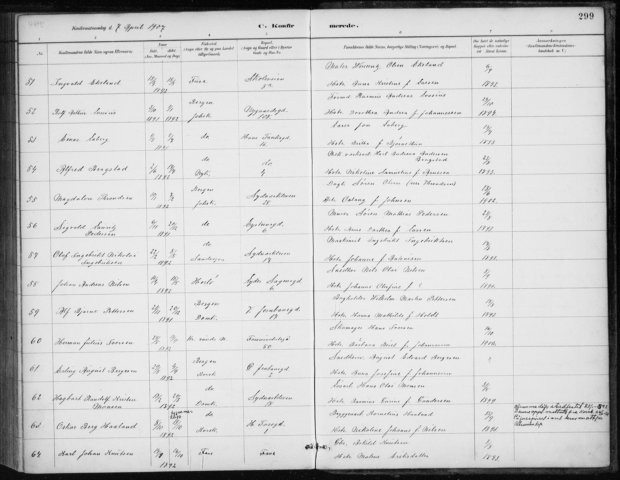 Johanneskirken sokneprestembete, AV/SAB-A-76001/H/Haa/L0008: Parish register (official) no. C 1, 1885-1907, p. 299