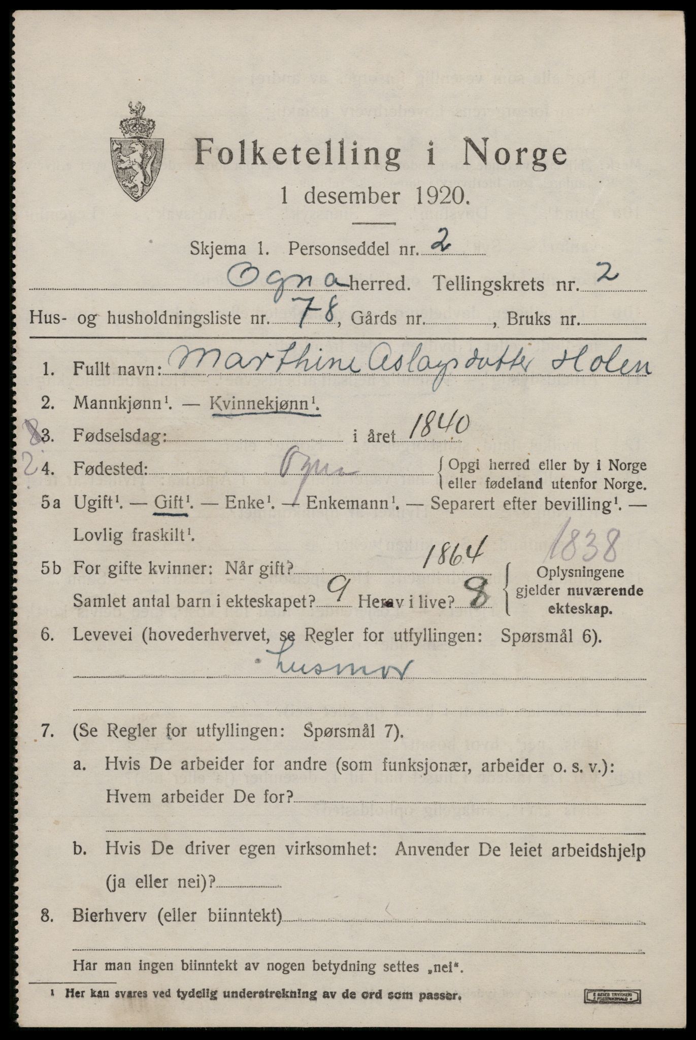 SAST, 1920 census for Ogna, 1920, p. 1745