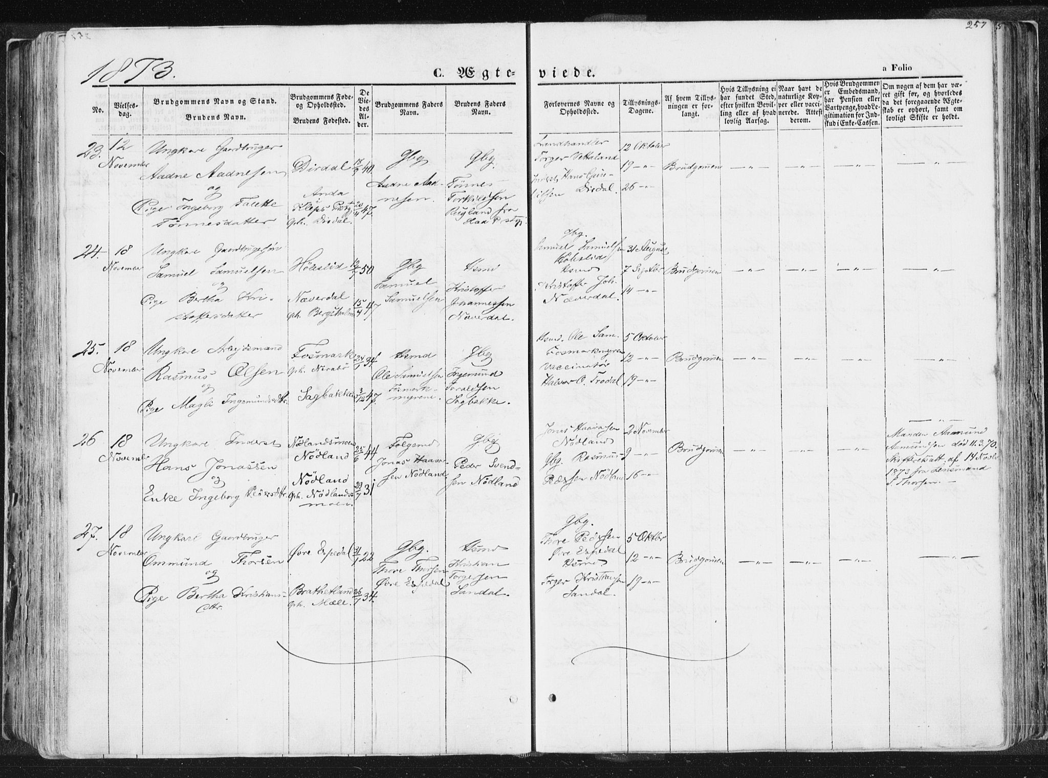 Høgsfjord sokneprestkontor, AV/SAST-A-101624/H/Ha/Haa/L0001: Parish register (official) no. A 1, 1854-1875, p. 257